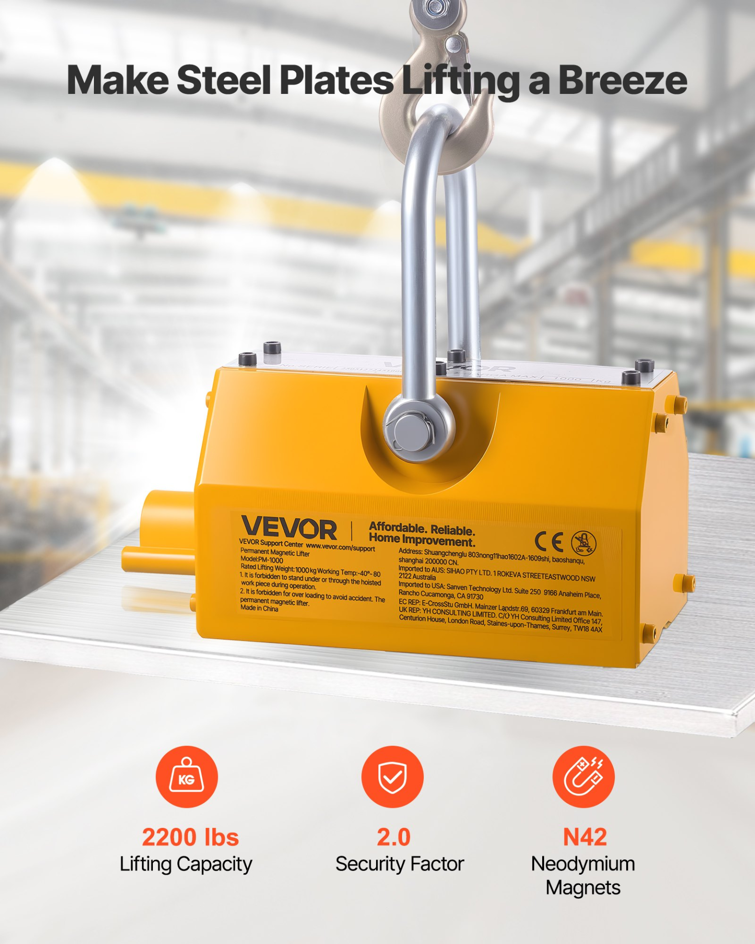 VEVOR 2200 lb Magnetic Lifter, Permanent Lifting Magnet for Steel Handling