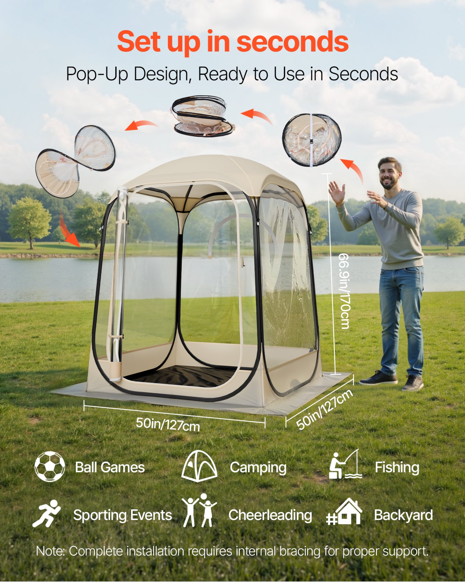 Pop up Sports Tent, 50×50 in Clear Bubble Tent for 1 Person, Waterproof Outdoor