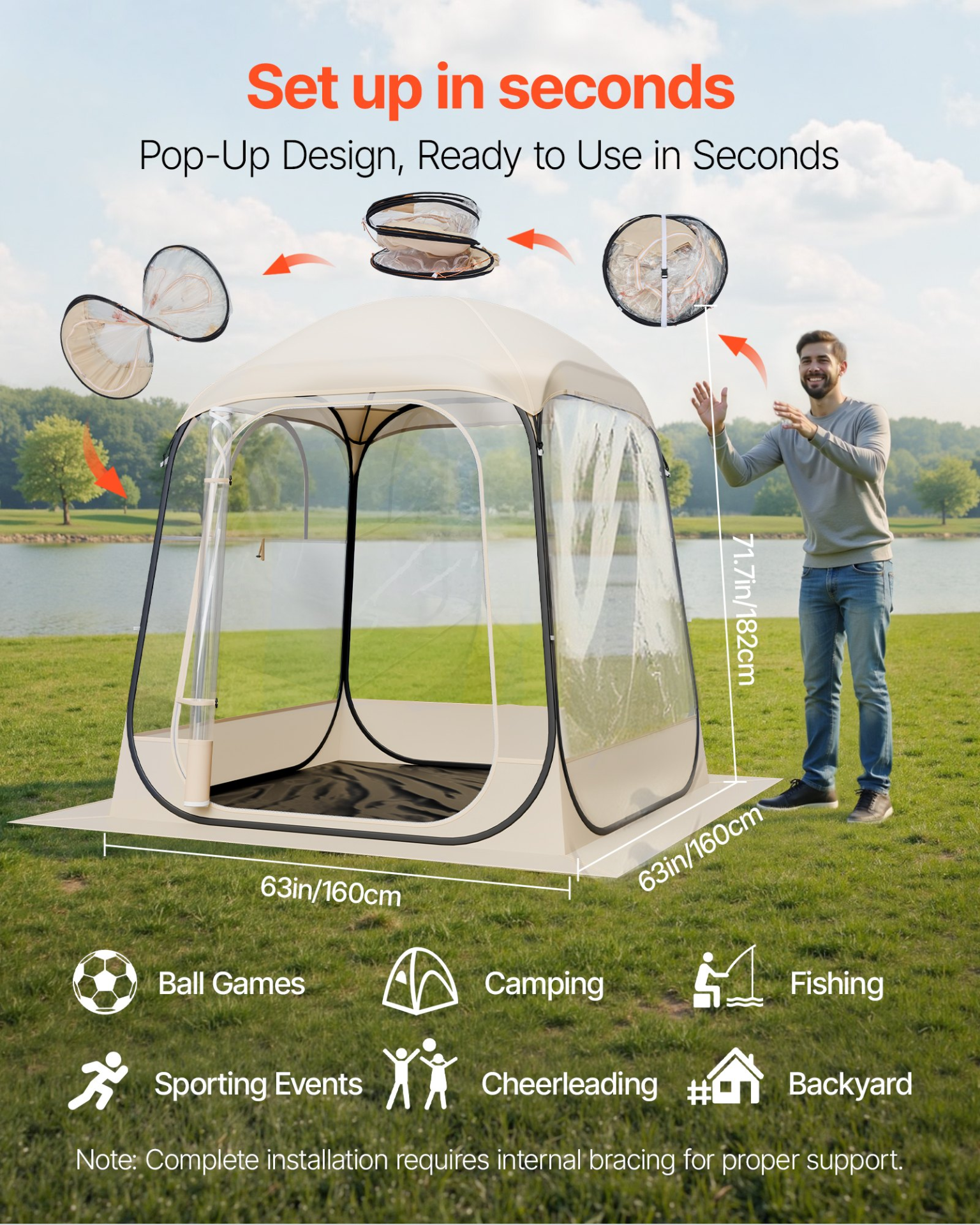 Pop up Sports Tent 63×63 in Outdoor Clear Bubble Tent Weather Proof Pod