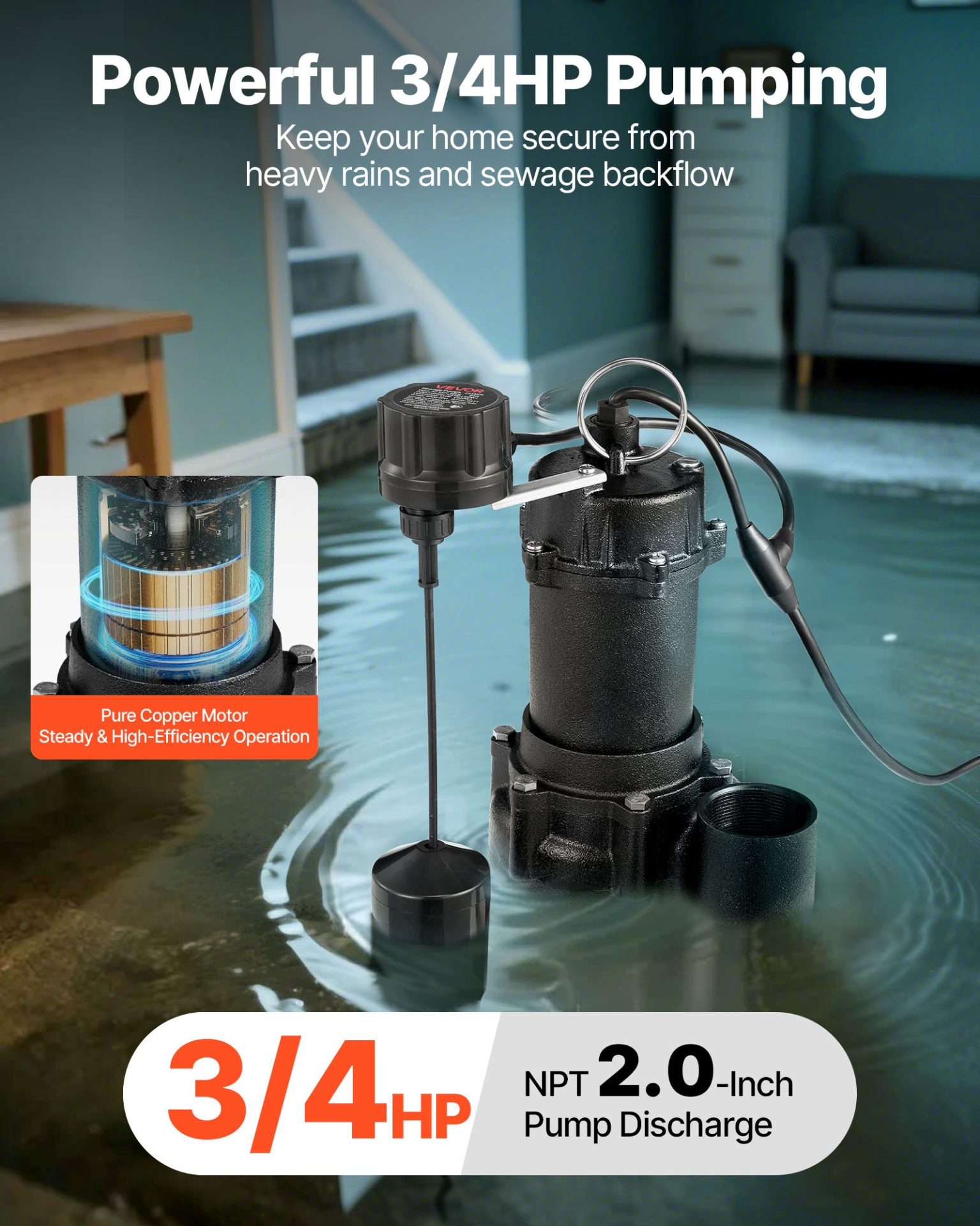 Submersible Sewage Pump 3/4 HP Cast Iron Sewage/Effluent Pump 6000 GPH