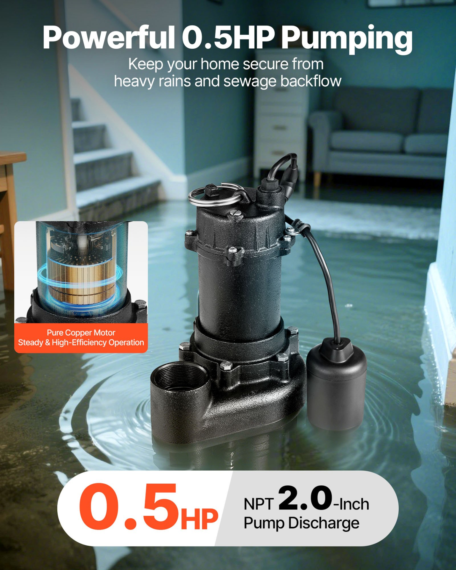VEVOR 1/2 HP Cast Iron Submersible Sewage Pump w/Float 6000 GPH