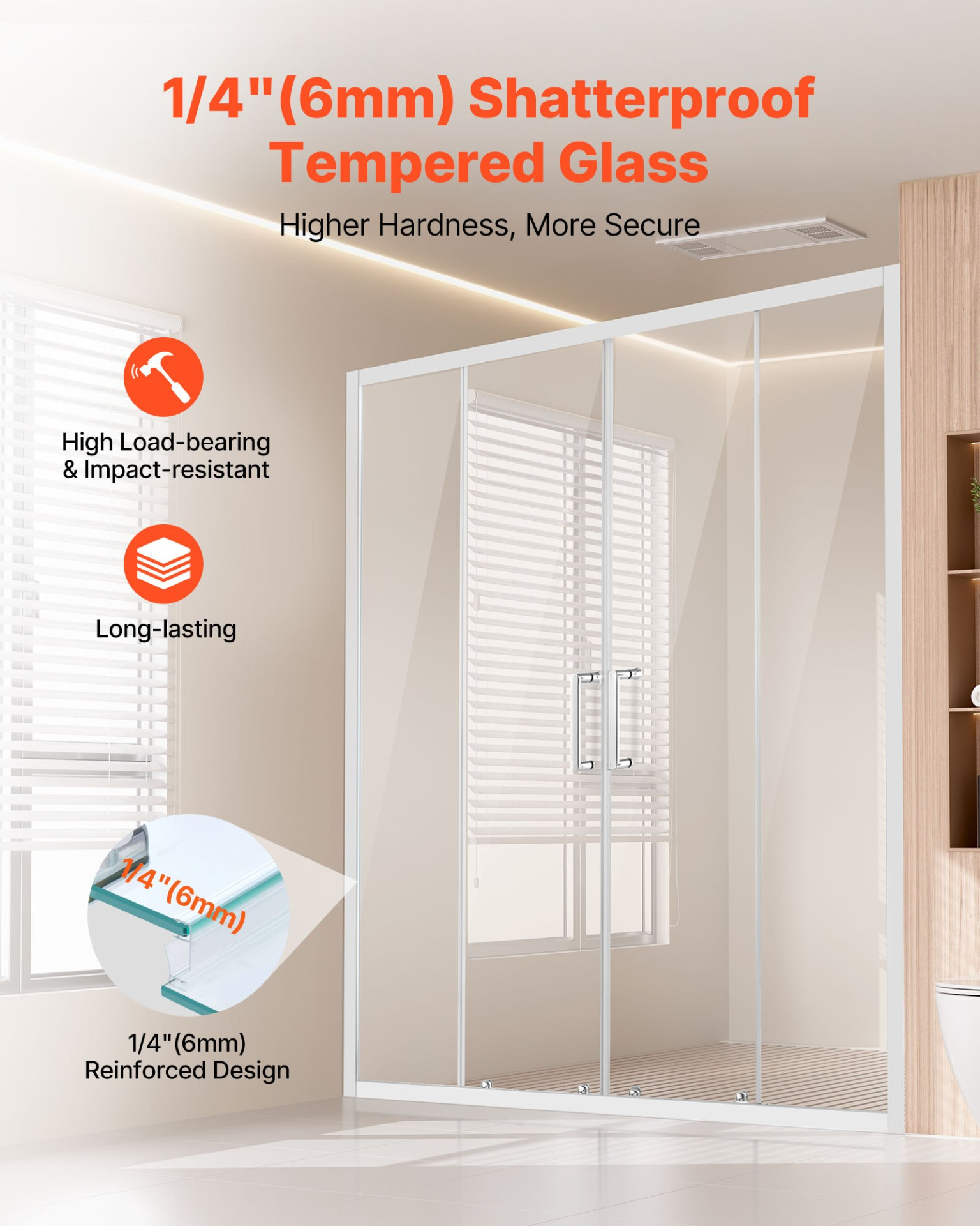 Semi-Frameless Double Sliding Shower Door with SGCC Tempered Glass, 1/4 inch, Ch