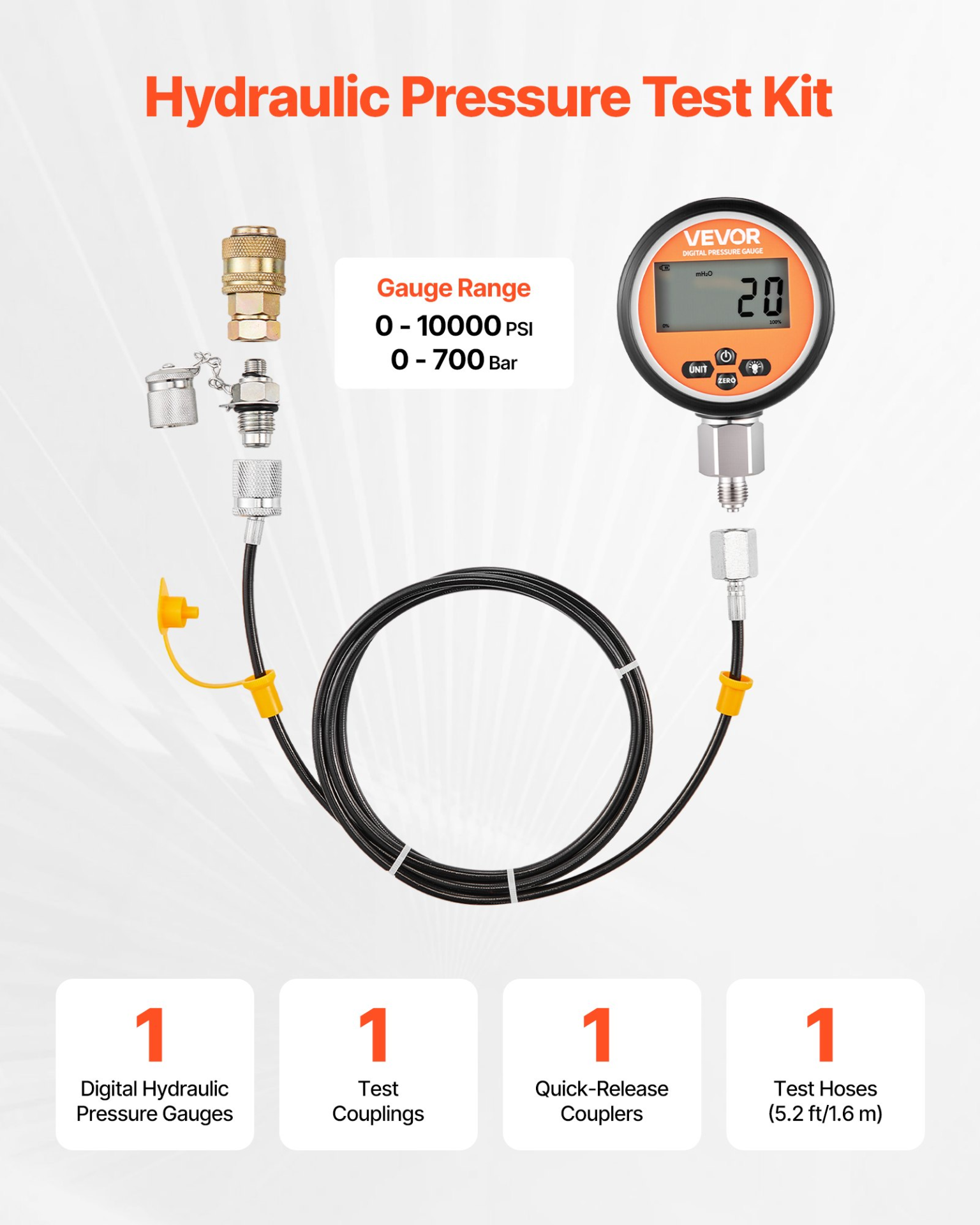 VEVOR Digital Hydraulic Test Kit 10000PSI 700Bar w/ 5.2ft Hose Gauge