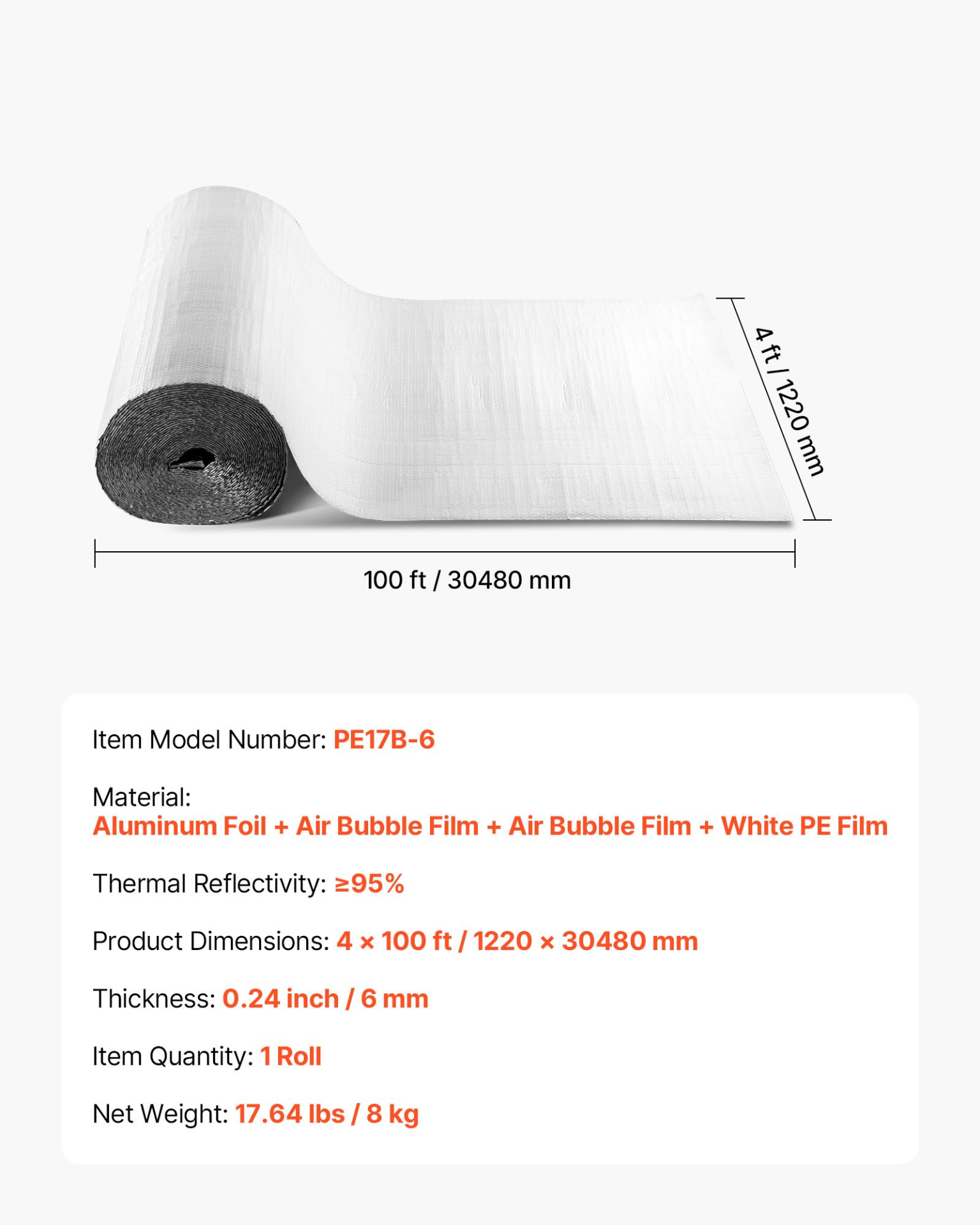 Reflective Insulation Roll, Double-Layer Air Bubble Radiant Barrier, 6mm 48 in