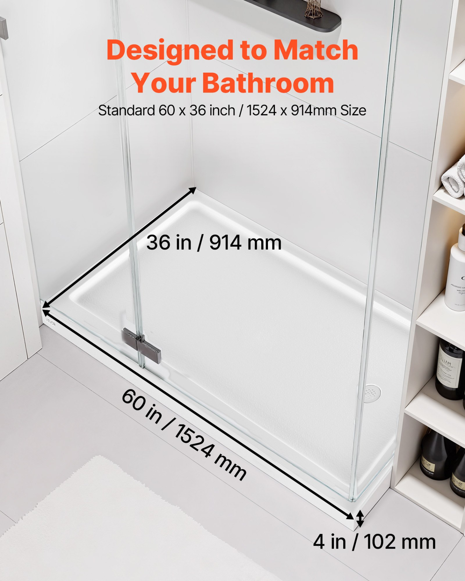 Shower Pan, 60″ L x 36″ W Single Threshold Shower Base, Right Drain Location