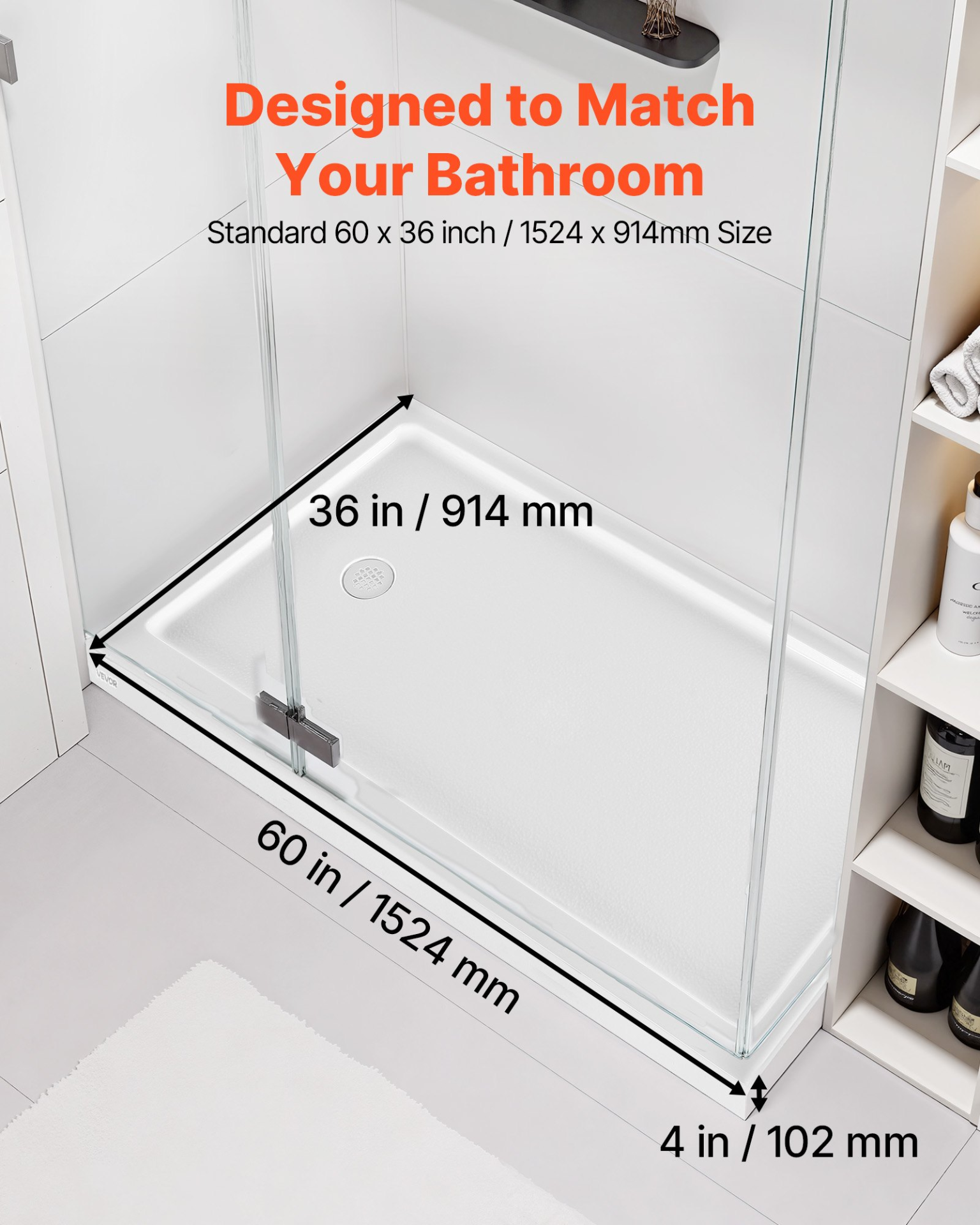Shower Pan, 60″ L x 36″ W Single Threshold Shower Base, Left Drain Location