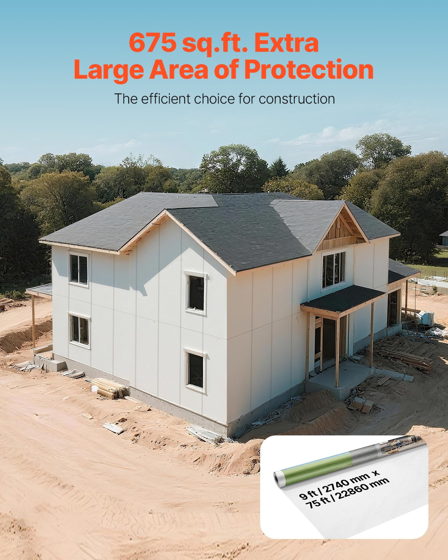 House Wrap, 9 x 75 ft, 0.13 mm Thick Vapor Barrier, White