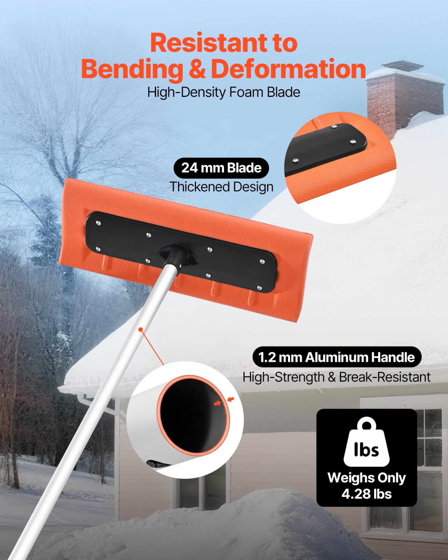 7.3-18.4ft Adjustable Snow Roof Rake 17.7 in Foam Blade Snows Removal Tool