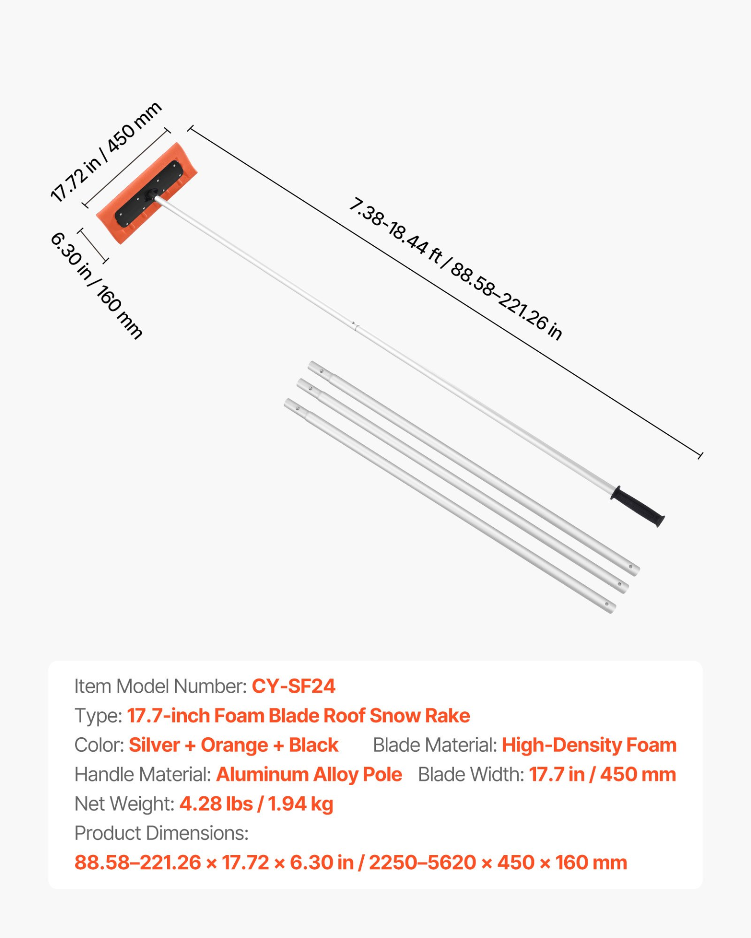 7.3-18.4ft Adjustable Snow Roof Rake 17.7 in Foam Blade Snows Removal Tool