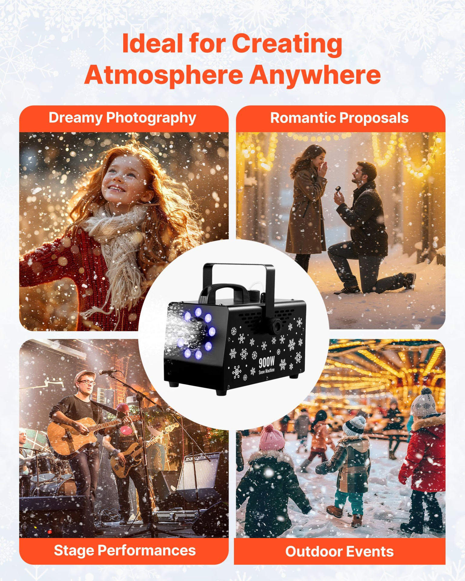 900W Snow Machine - Versatile Handheld & Hanging Fake Snow Maker with Wireless
