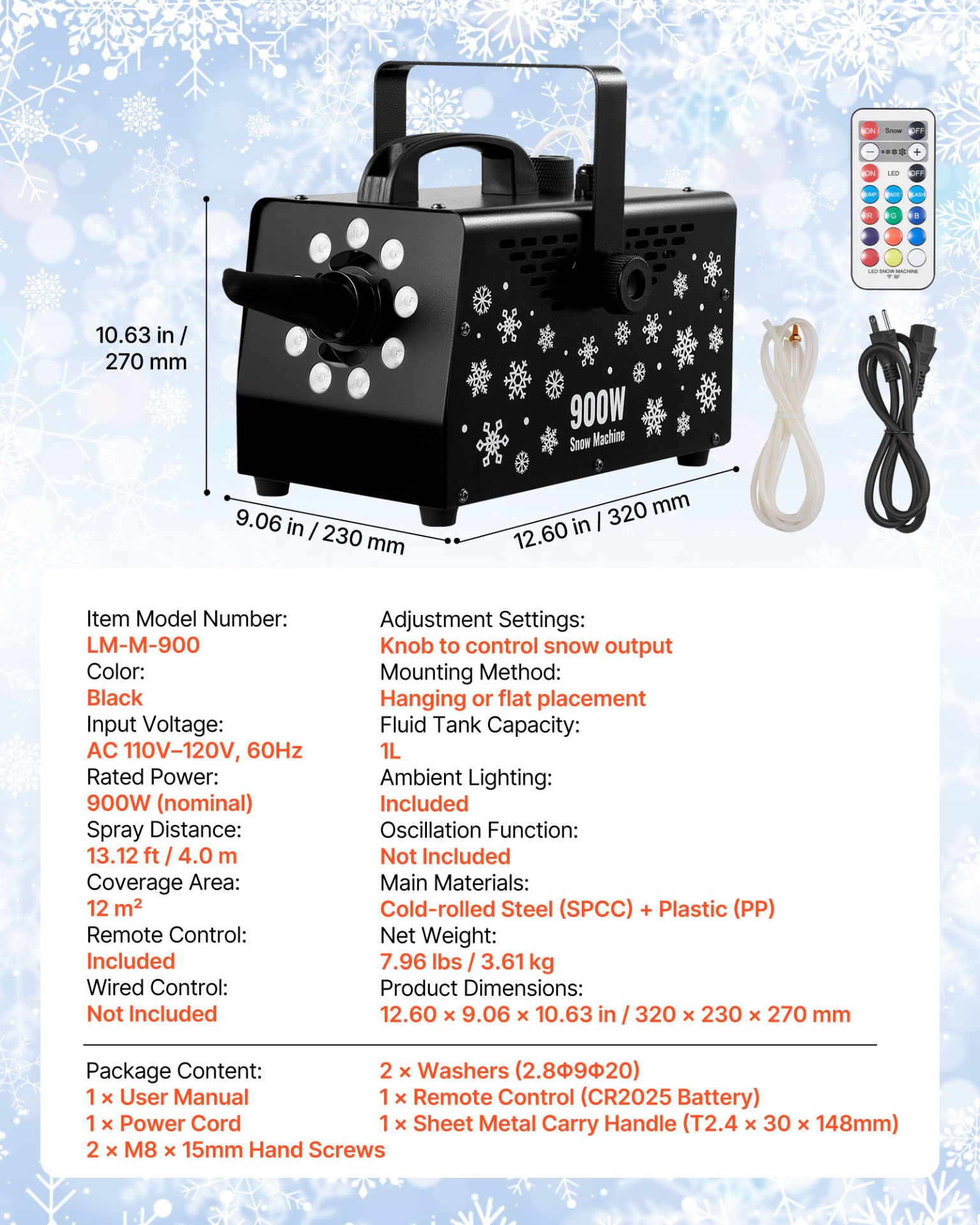 900W Snow Machine - Versatile Handheld & Hanging Fake Snow Maker with Wireless
