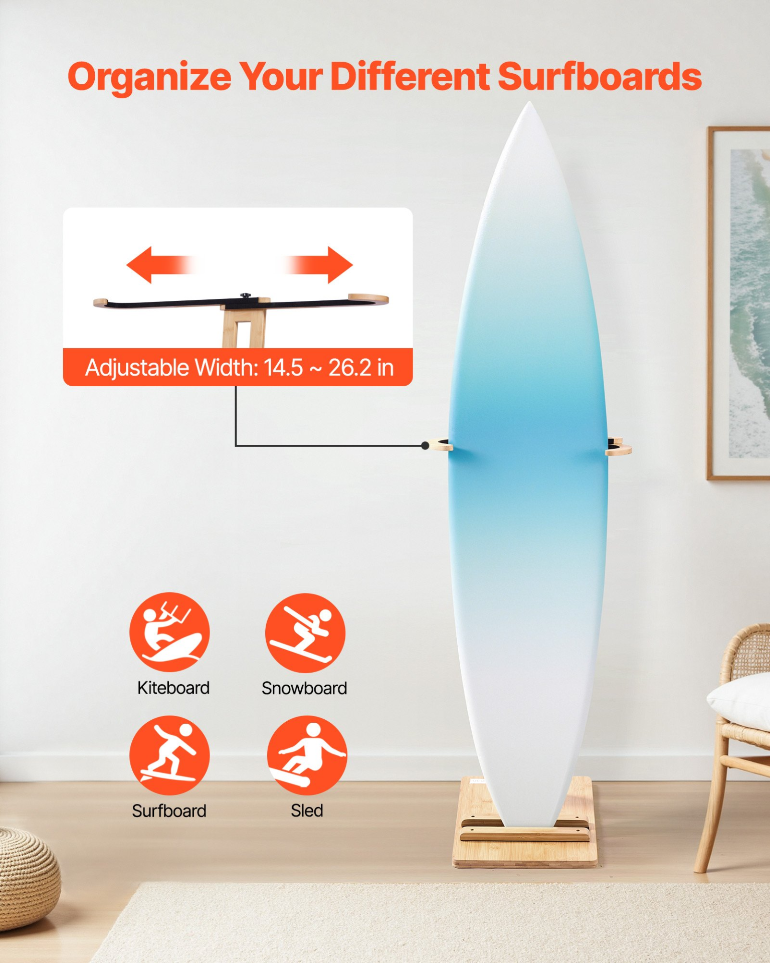 VEVOR Adjustable Surfboard Stand | Single Tier Vertical Rack | Wood