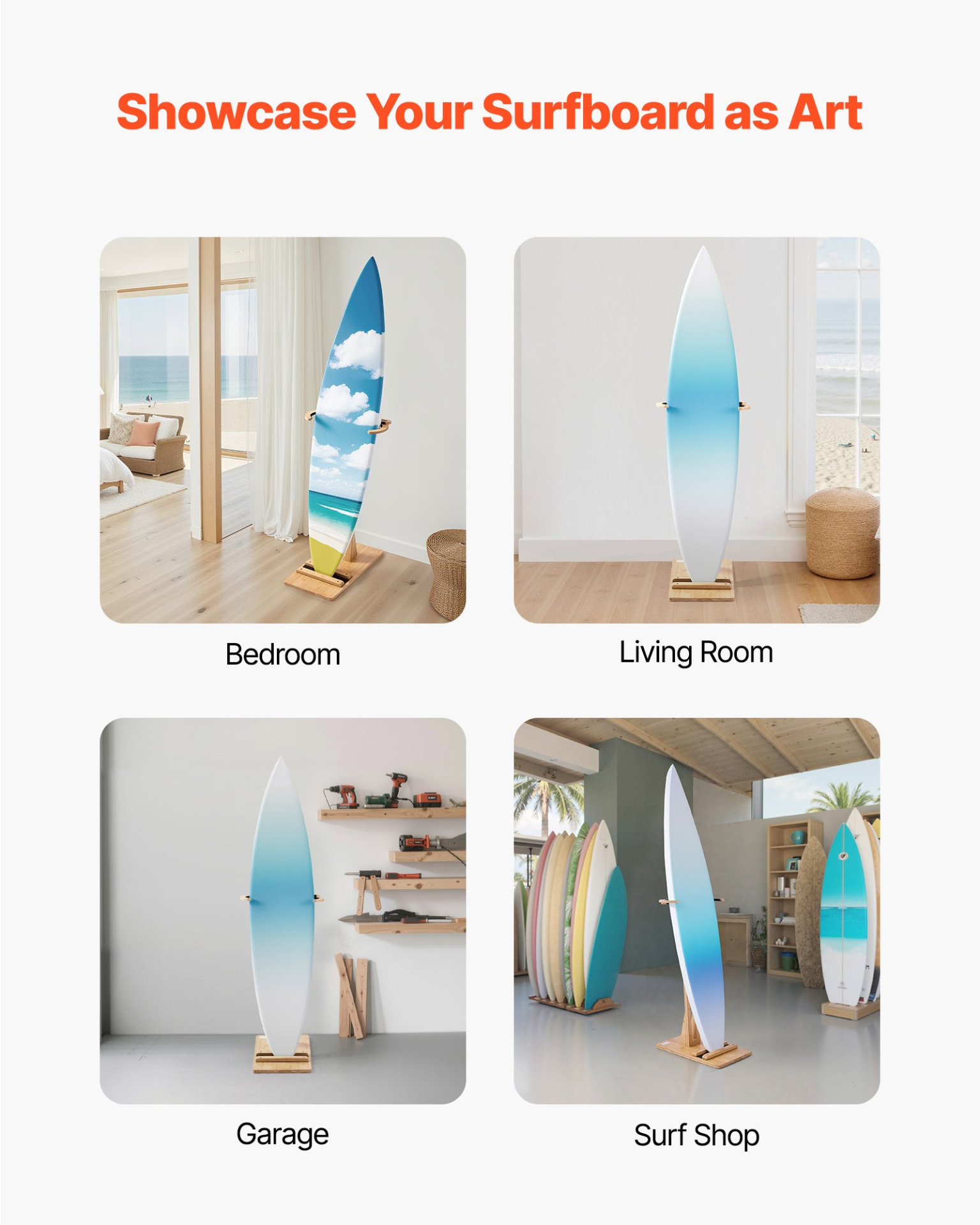 VEVOR Adjustable Surfboard Stand | Single Tier Vertical Rack | Wood
