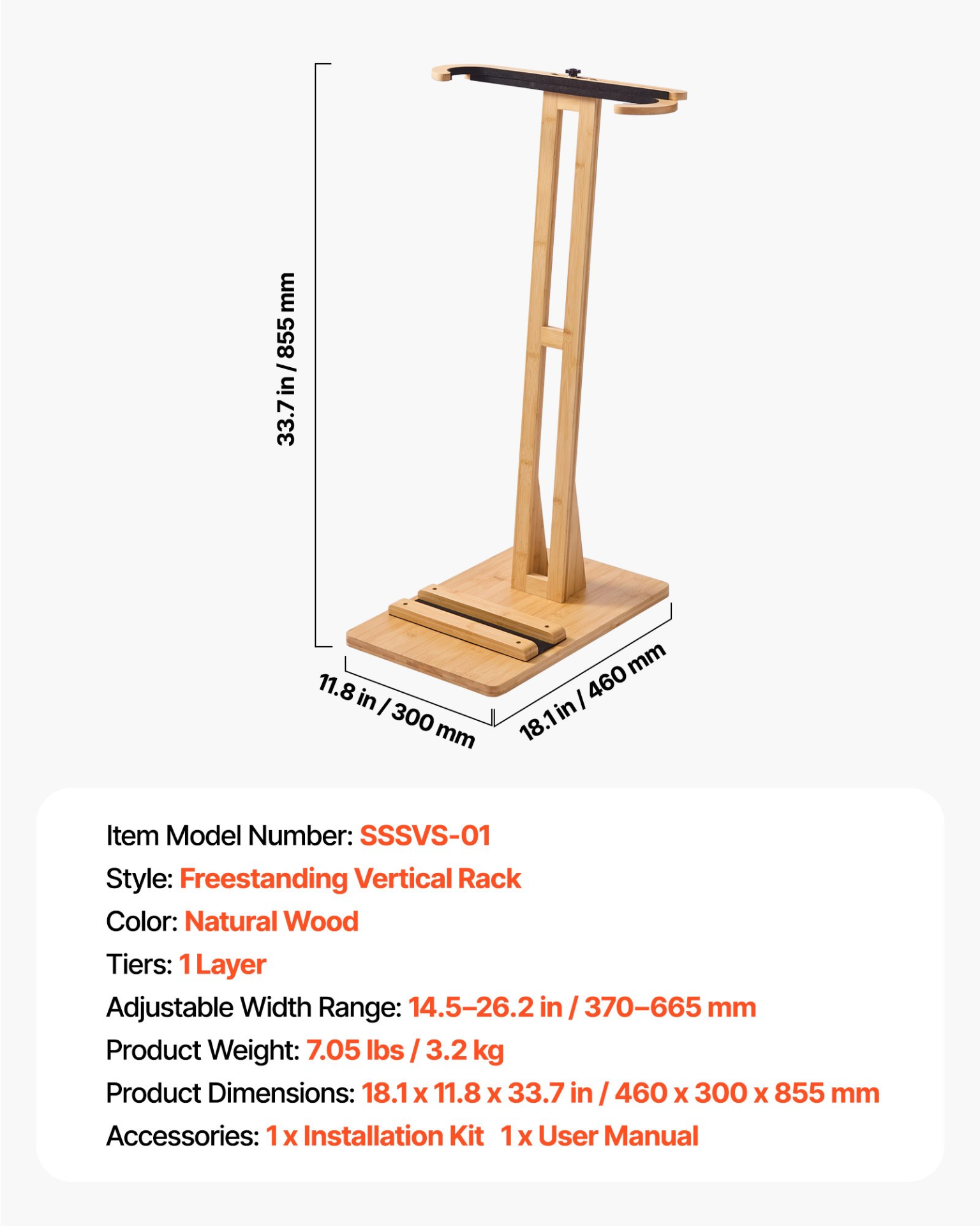 VEVOR Adjustable Surfboard Stand | Single Tier Vertical Rack | Wood