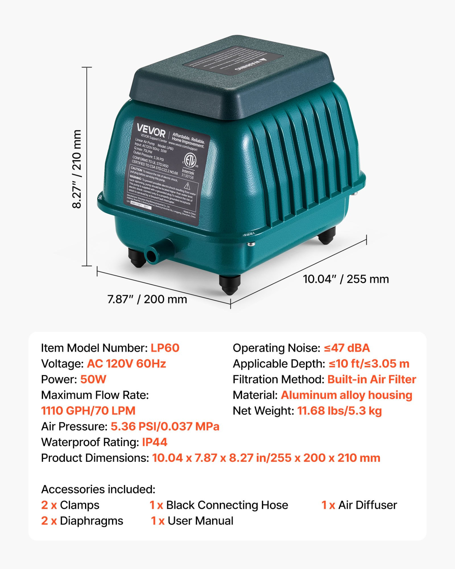 Linear Air Pump, 1110 GPH Air Flow, Septic Aerator Pump, Hydroponics