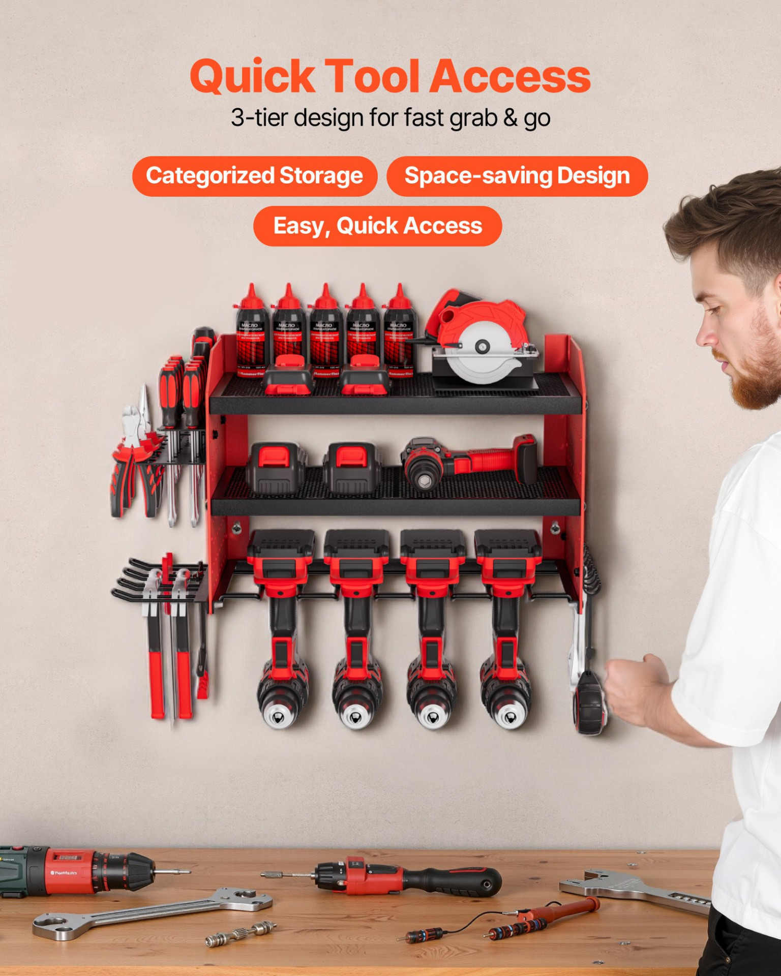 Power Tool Organizer Wall Mount 3-Layer Drill Storage Rack 4 Drill Holders