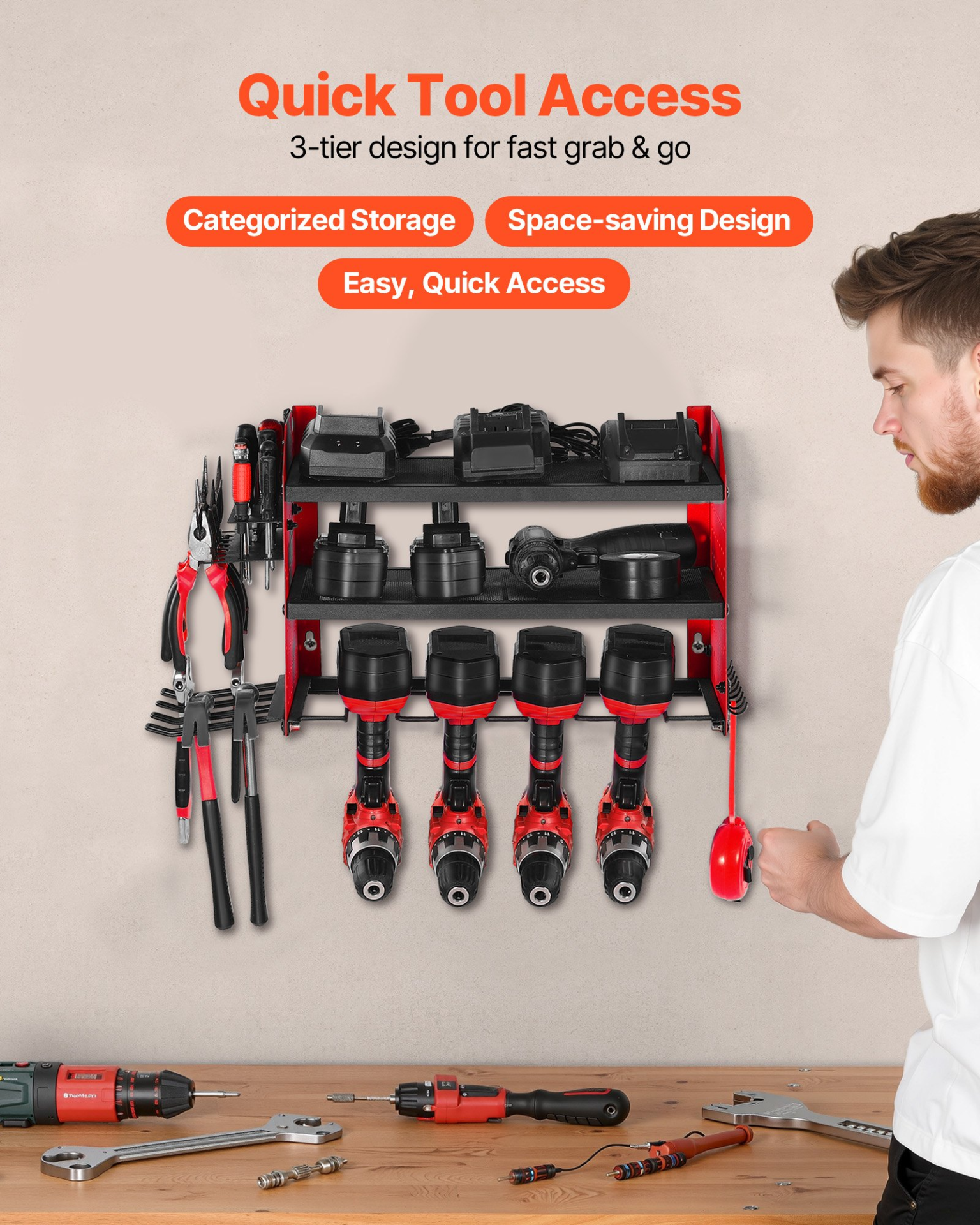 Power Tool Organizer Wall Mount 3-Layer Drill Storage Rack 4 Drill Holders