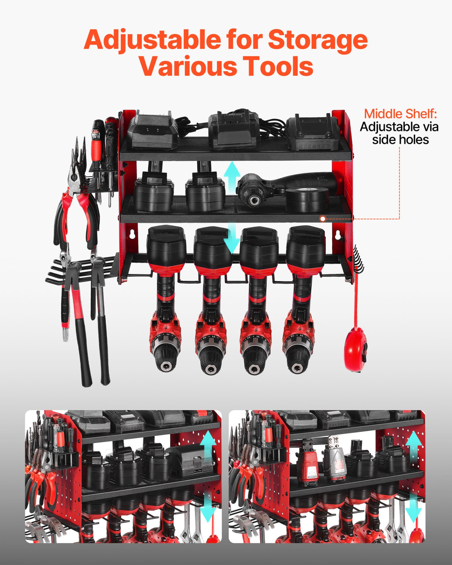 Power Tool Organizer Wall Mount 3-Layer Drill Storage Rack 4 Drill Holders