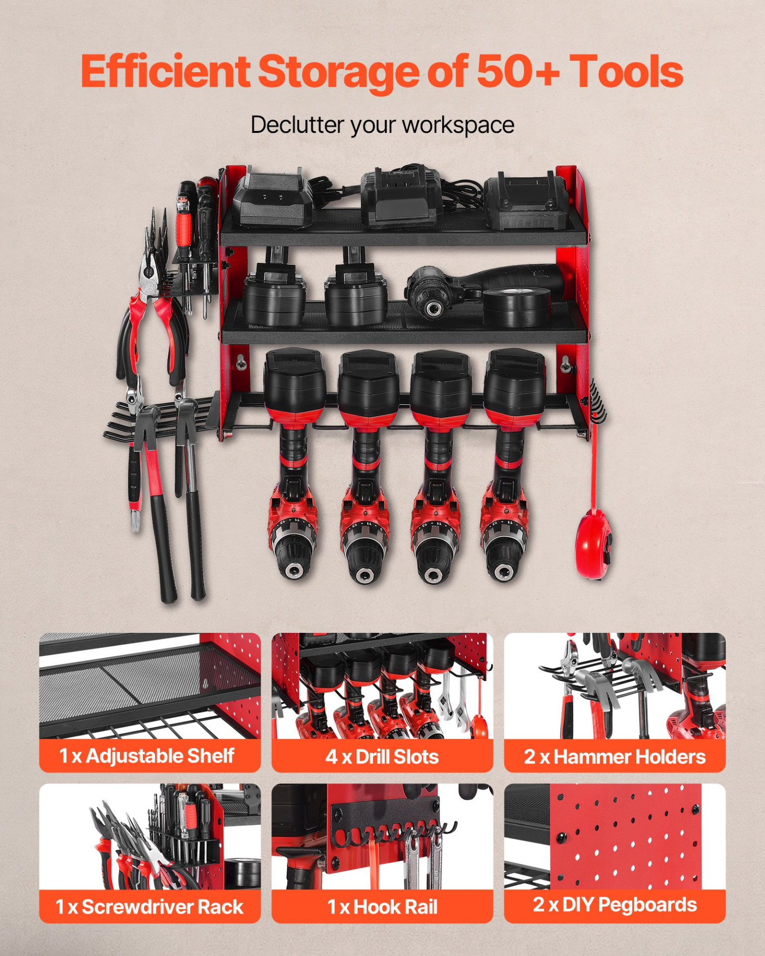 Power Tool Organizer Wall Mount 3-Layer Drill Storage Rack 4 Drill Holders