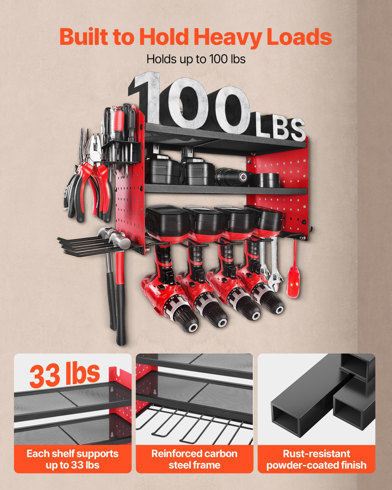 Power Tool Organizer Wall Mount 3-Layer Drill Storage Rack 4 Drill Holders