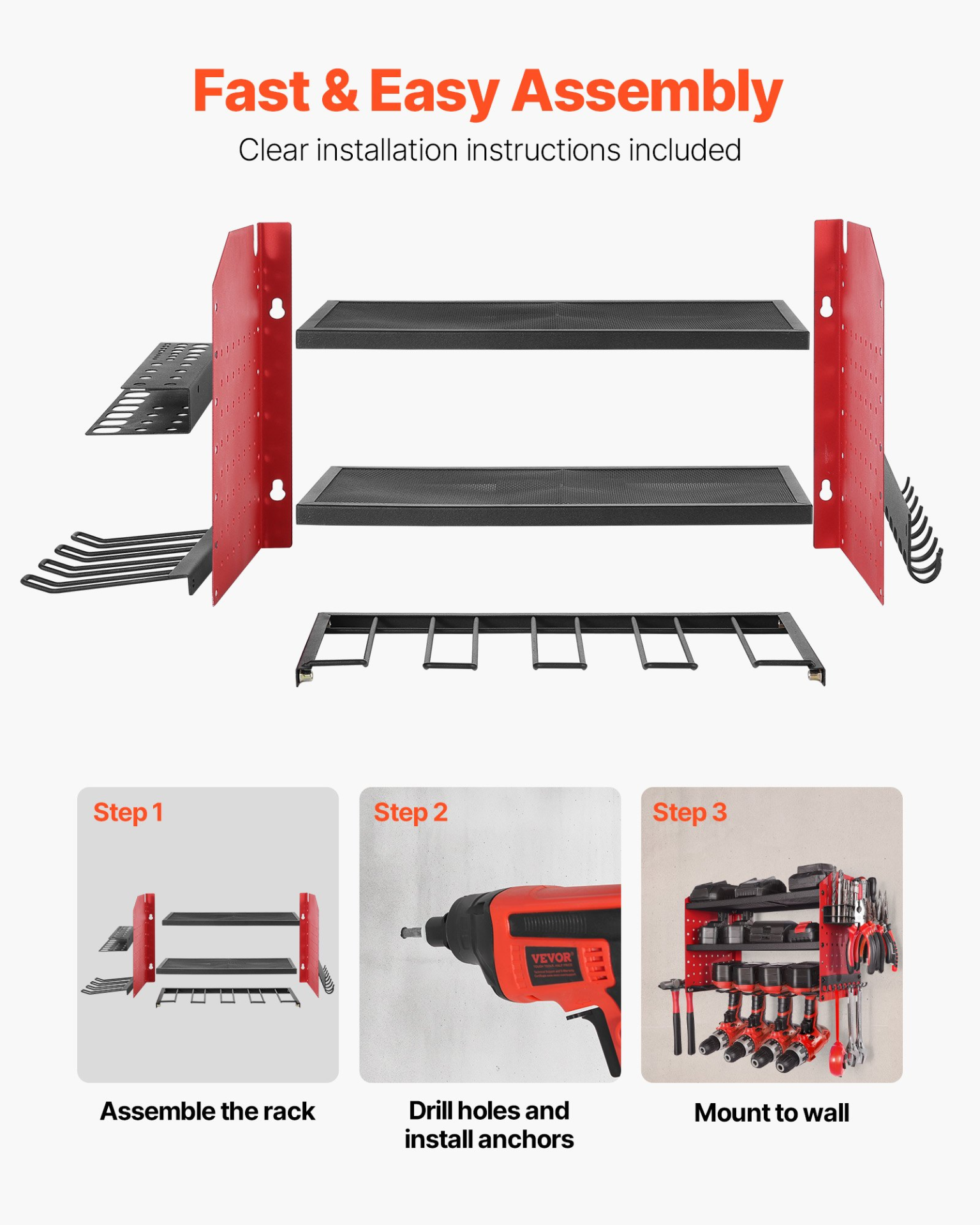 Power Tool Organizer Wall Mount 3-Layer Drill Storage Rack 4 Drill Holders