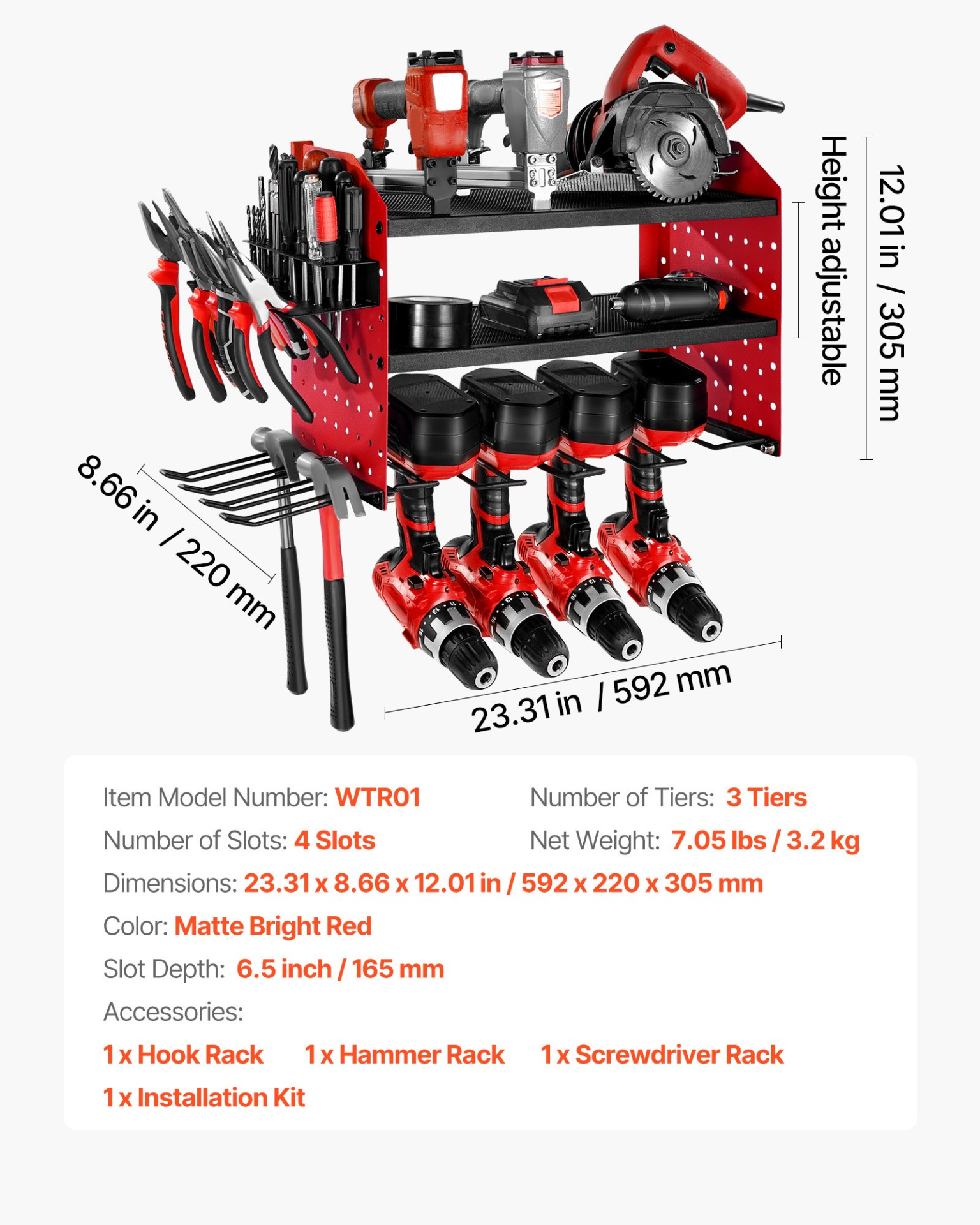 Power Tool Organizer Wall Mount 3-Layer Drill Storage Rack 4 Drill Holders