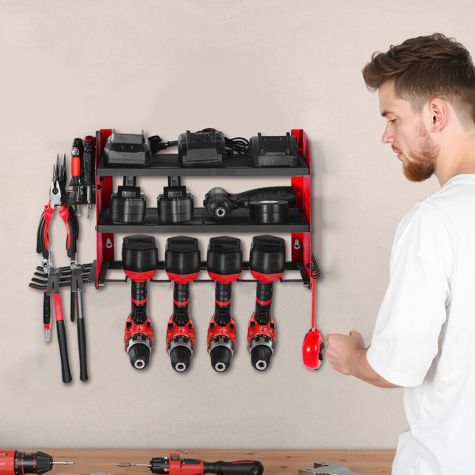 Power Tool Organizer Wall Mount 3-Layer Drill Storage Rack 4 Drill Holders