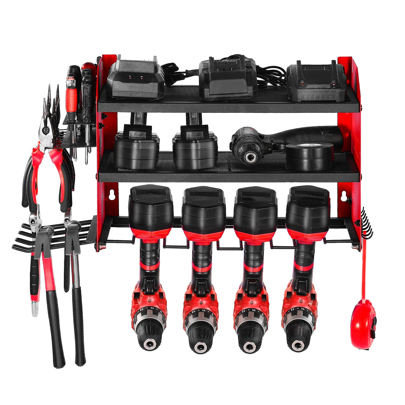 Power Tool Organizer Wall Mount 3-Layer Drill Storage Rack 4 Drill Holders