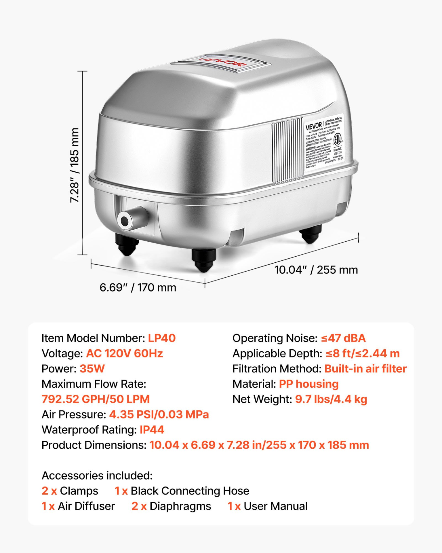 Linear Air Pump, 792.52 GPH Air Flow, Septic Aerator Pump, Hydroponics