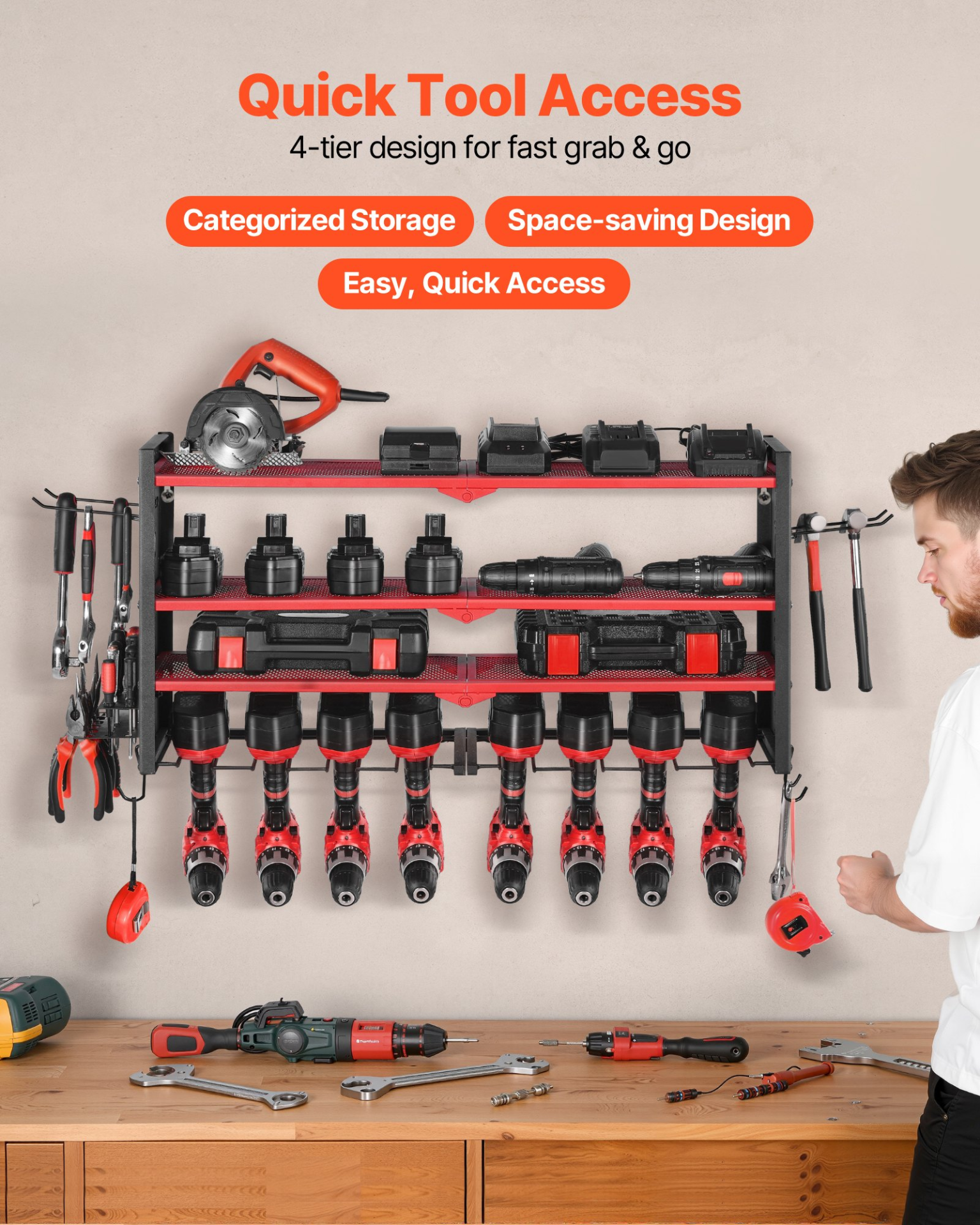 Power Tool Organizer Wall Mount 4-Layer Drill Storage Rack 8 Drill Holders
