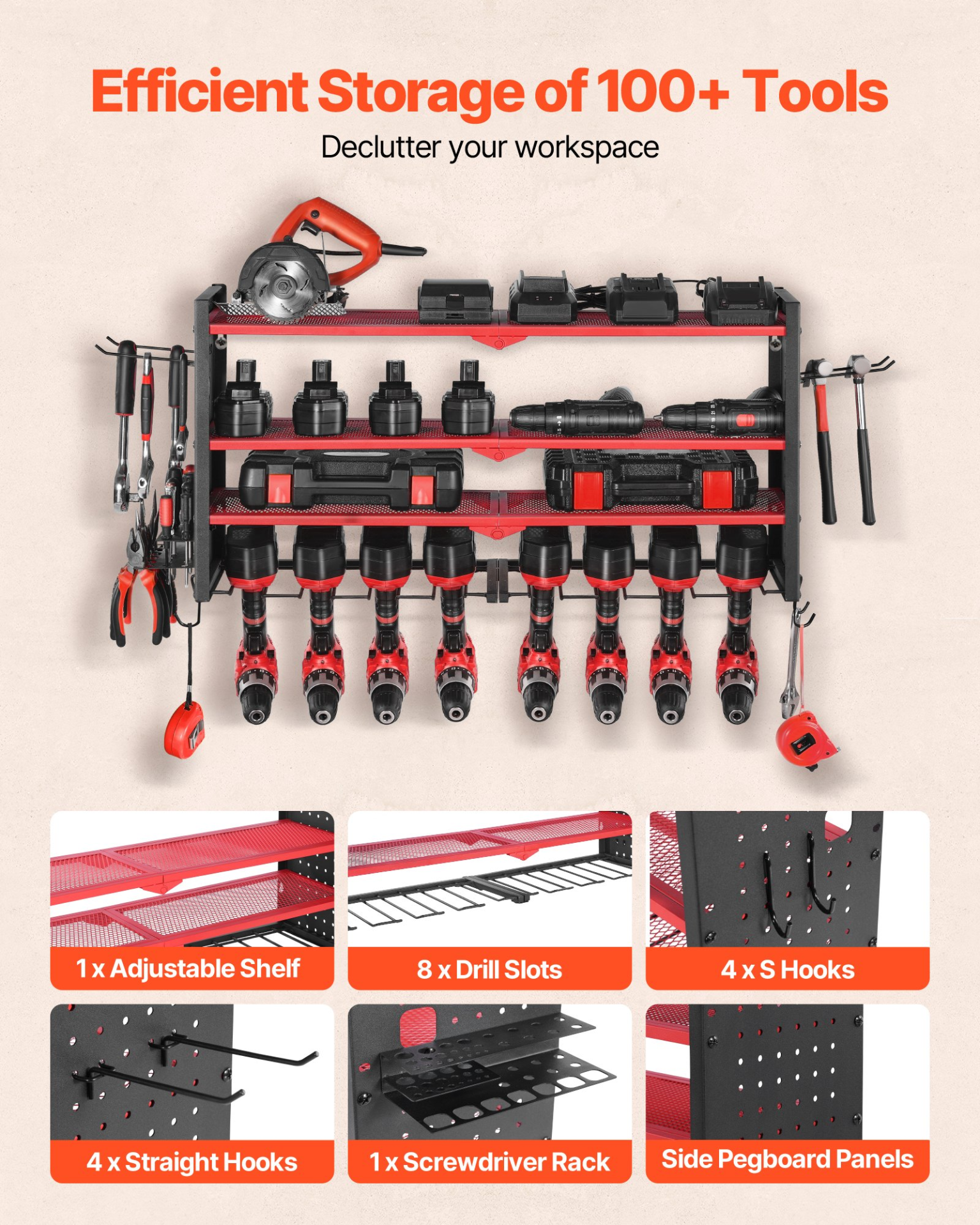 Power Tool Organizer Wall Mount 4-Layer Drill Storage Rack 8 Drill Holders