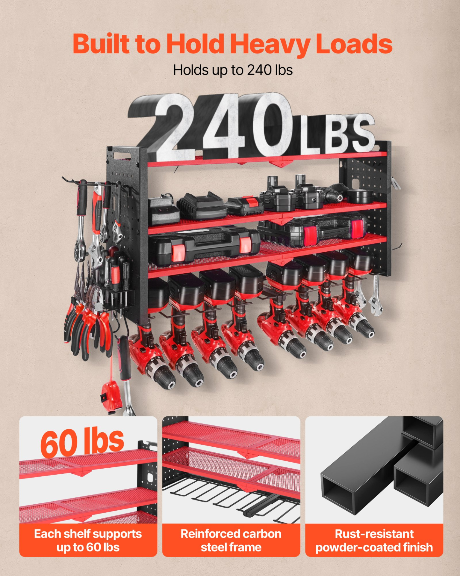 Power Tool Organizer Wall Mount 4-Layer Drill Storage Rack 8 Drill Holders