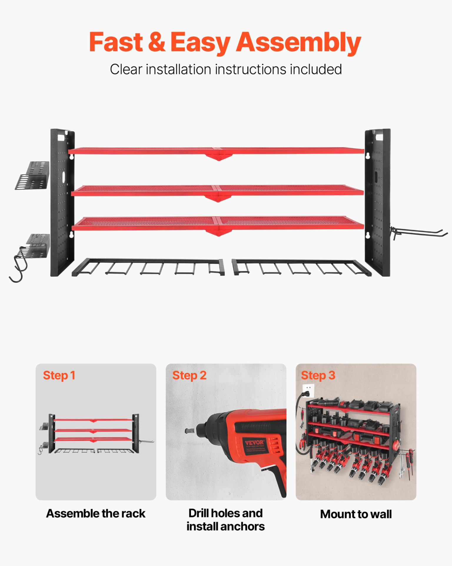 Power Tool Organizer Wall Mount 4-Layer Drill Storage Rack 8 Drill Holders