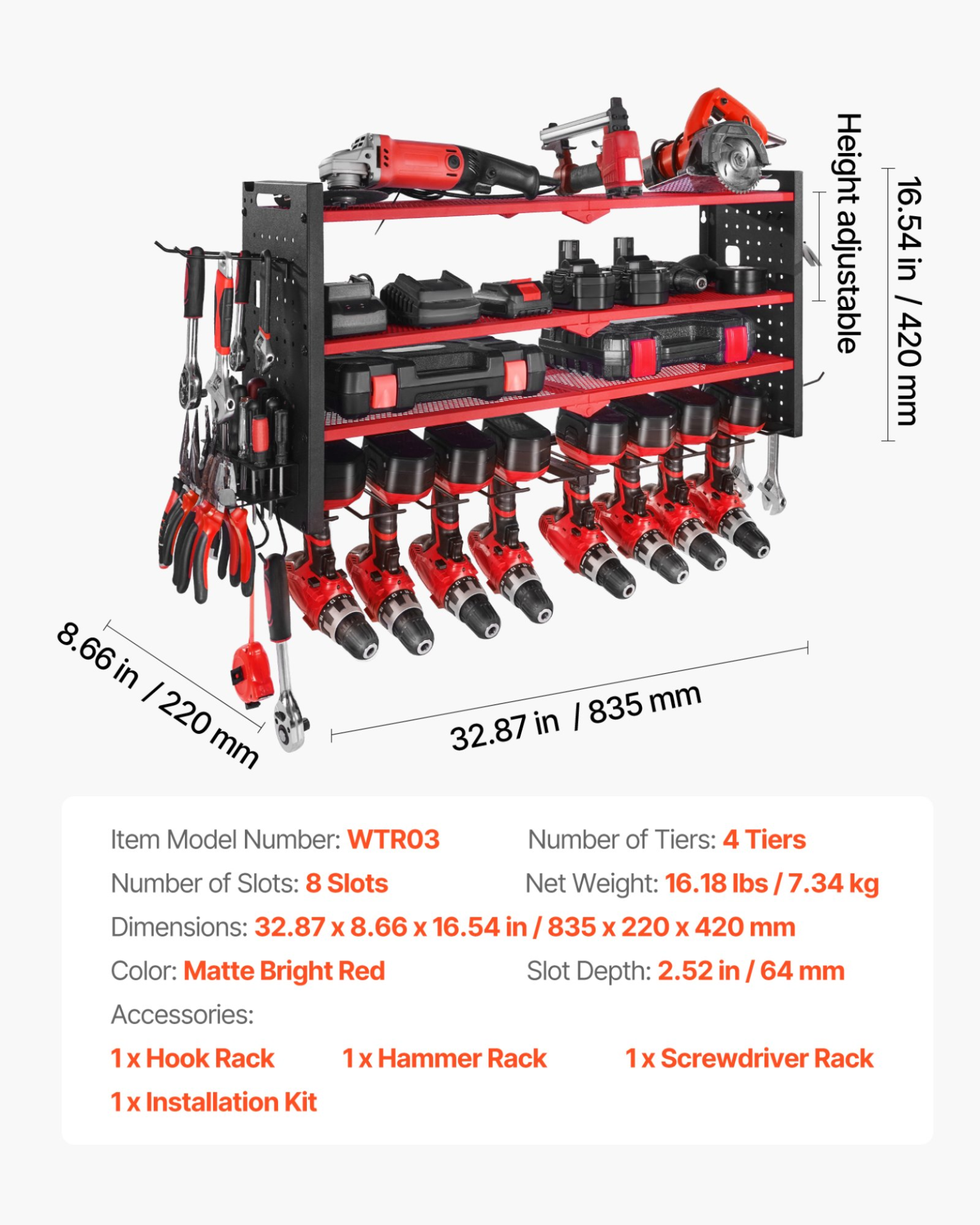 Power Tool Organizer Wall Mount 4-Layer Drill Storage Rack 8 Drill Holders