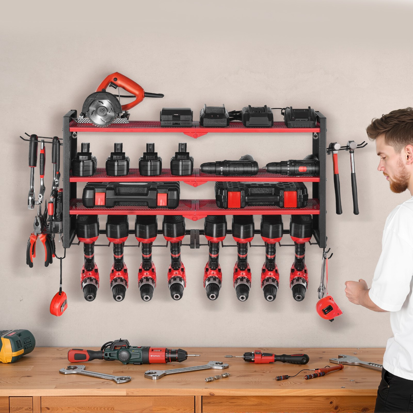 Power Tool Organizer Wall Mount 4-Layer Drill Storage Rack 8 Drill Holders