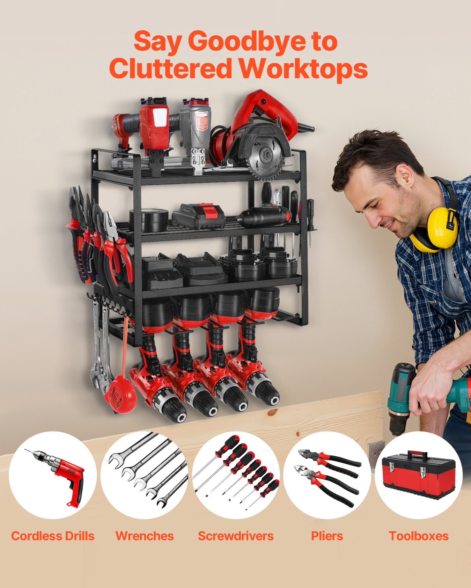 Power Tool Organizer Wall Mount 4-Layer Drill Storage Rack 4 Drill Holders