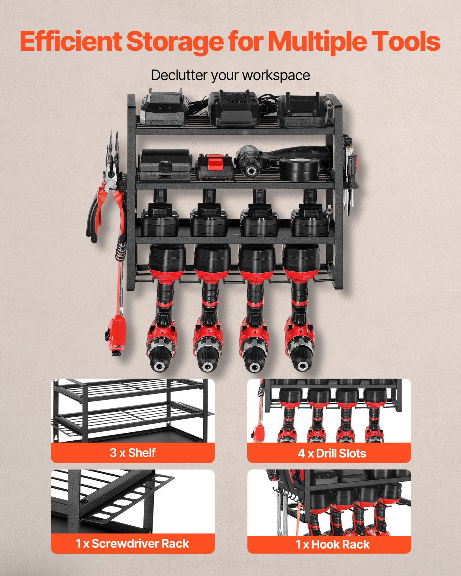 Power Tool Organizer Wall Mount 4-Layer Drill Storage Rack 4 Drill Holders