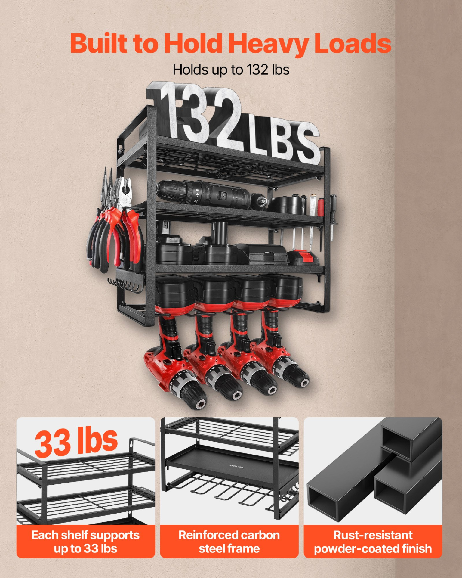 Power Tool Organizer Wall Mount 4-Layer Drill Storage Rack 4 Drill Holders
