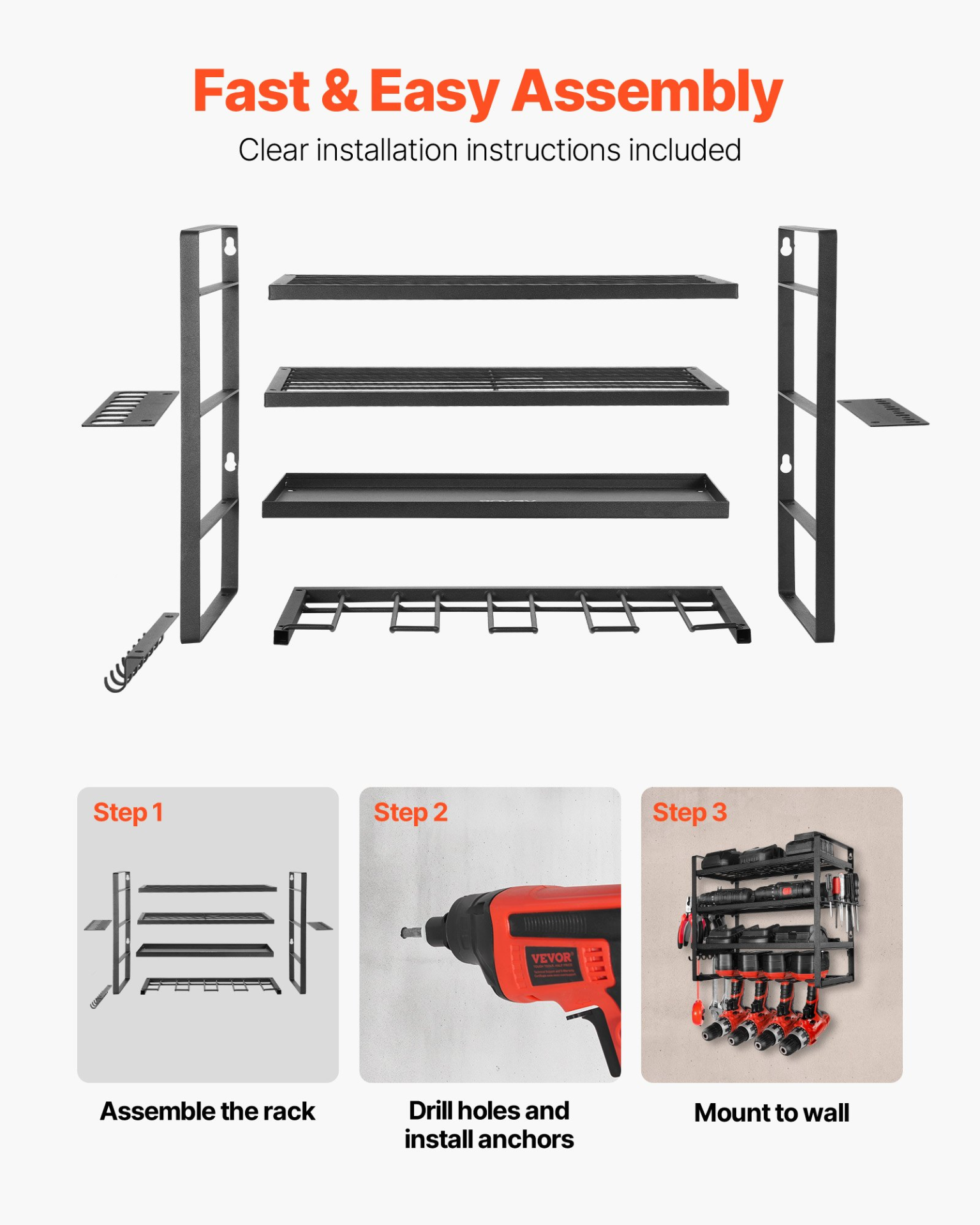 Power Tool Organizer Wall Mount 4-Layer Drill Storage Rack 4 Drill Holders