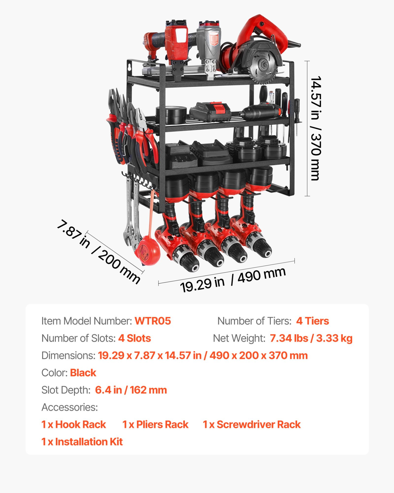 Power Tool Organizer Wall Mount 4-Layer Drill Storage Rack 4 Drill Holders