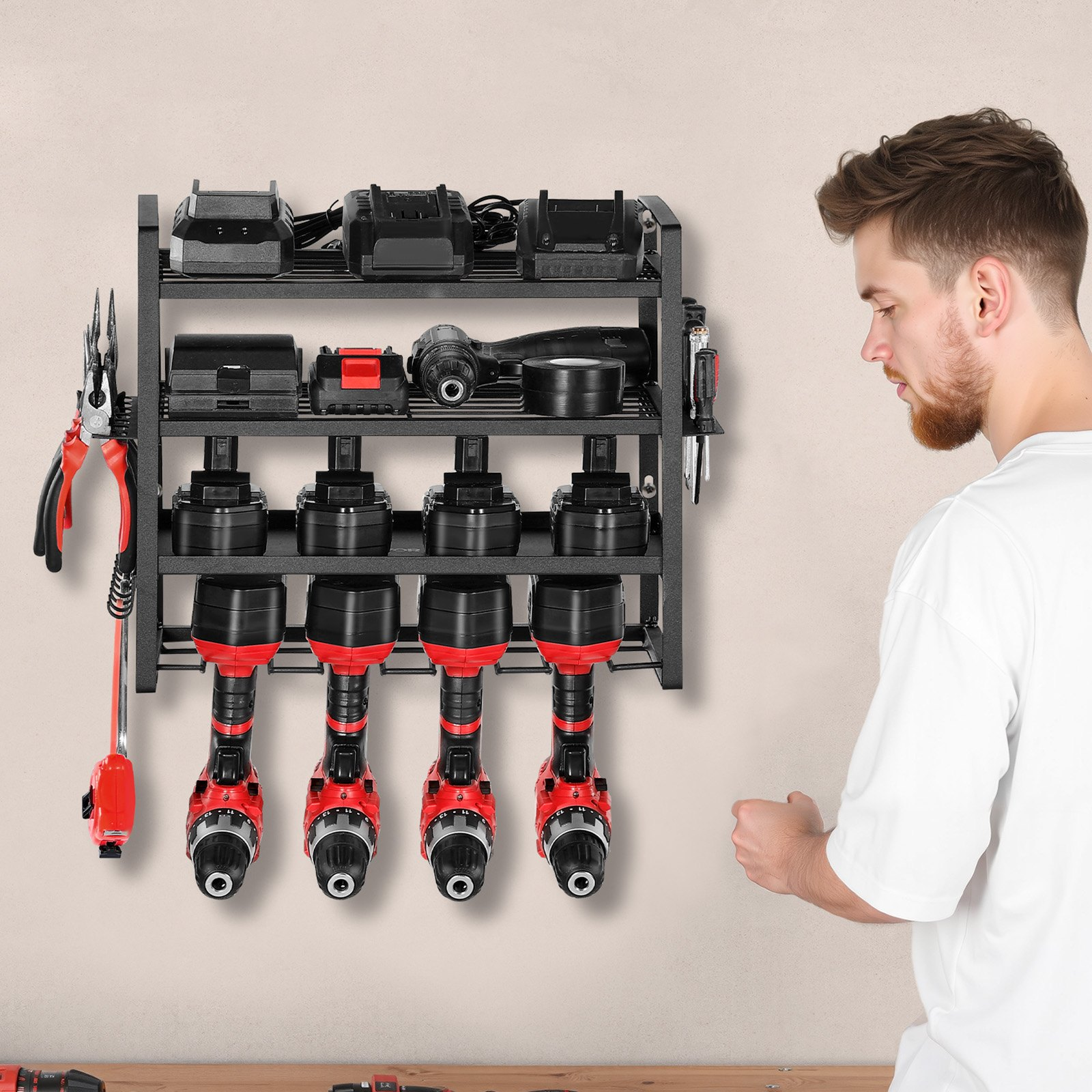 Power Tool Organizer Wall Mount 4-Layer Drill Storage Rack 4 Drill Holders