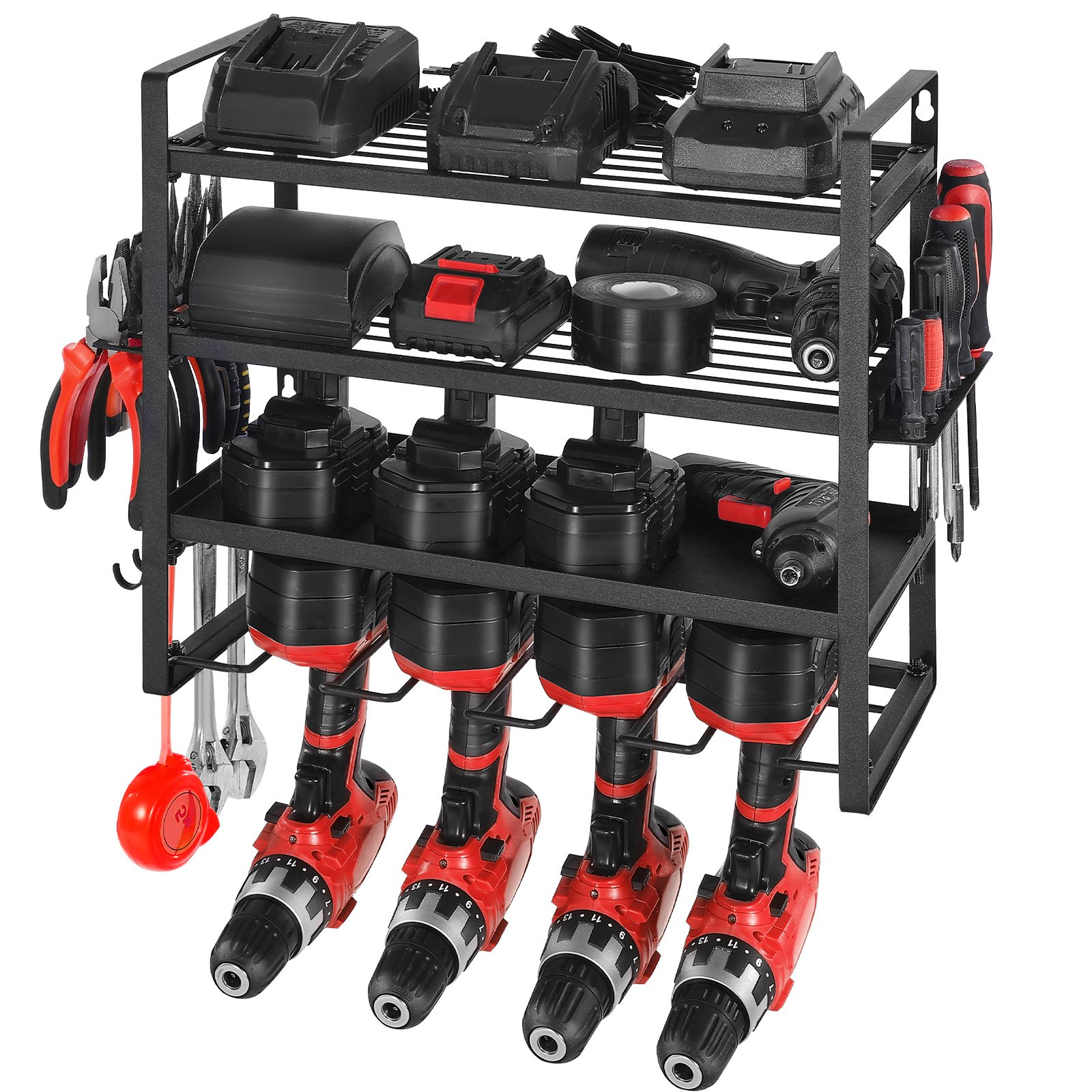 Power Tool Organizer Wall Mount 4-Layer Drill Storage Rack 4 Drill Holders