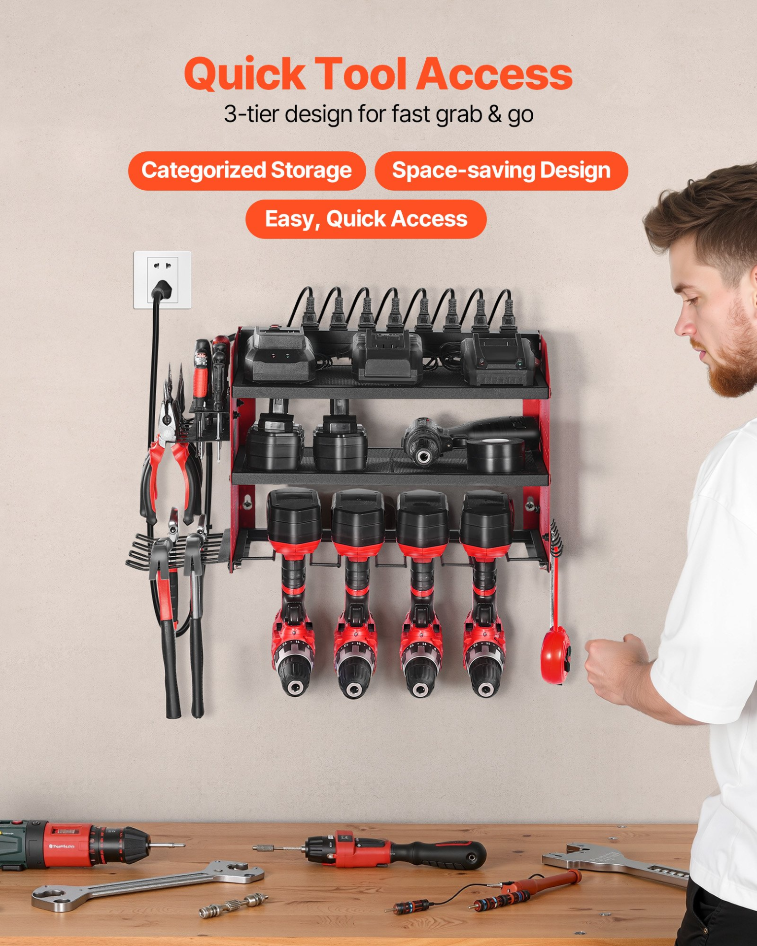 Power Tool Organizer with Charging Station 3-Layer Drill Storage Rack