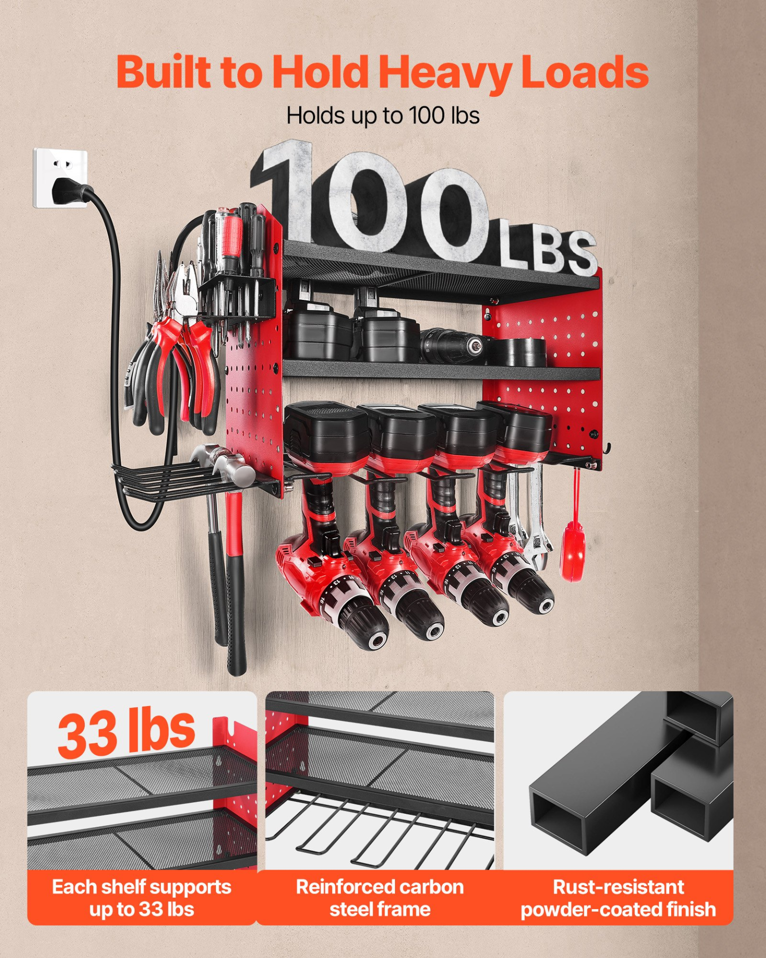 Power Tool Organizer with Charging Station 3-Layer Drill Storage Rack