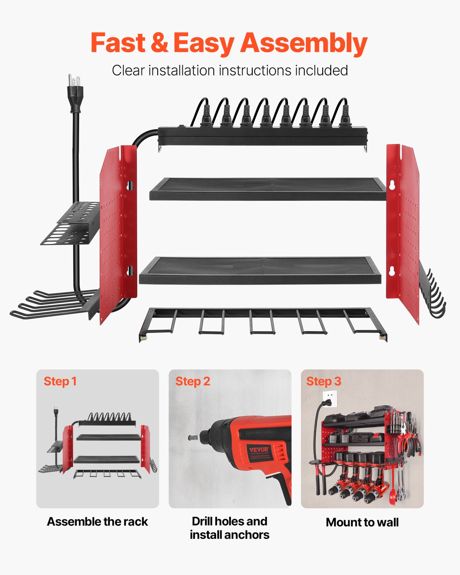 Power Tool Organizer with Charging Station 3-Layer Drill Storage Rack