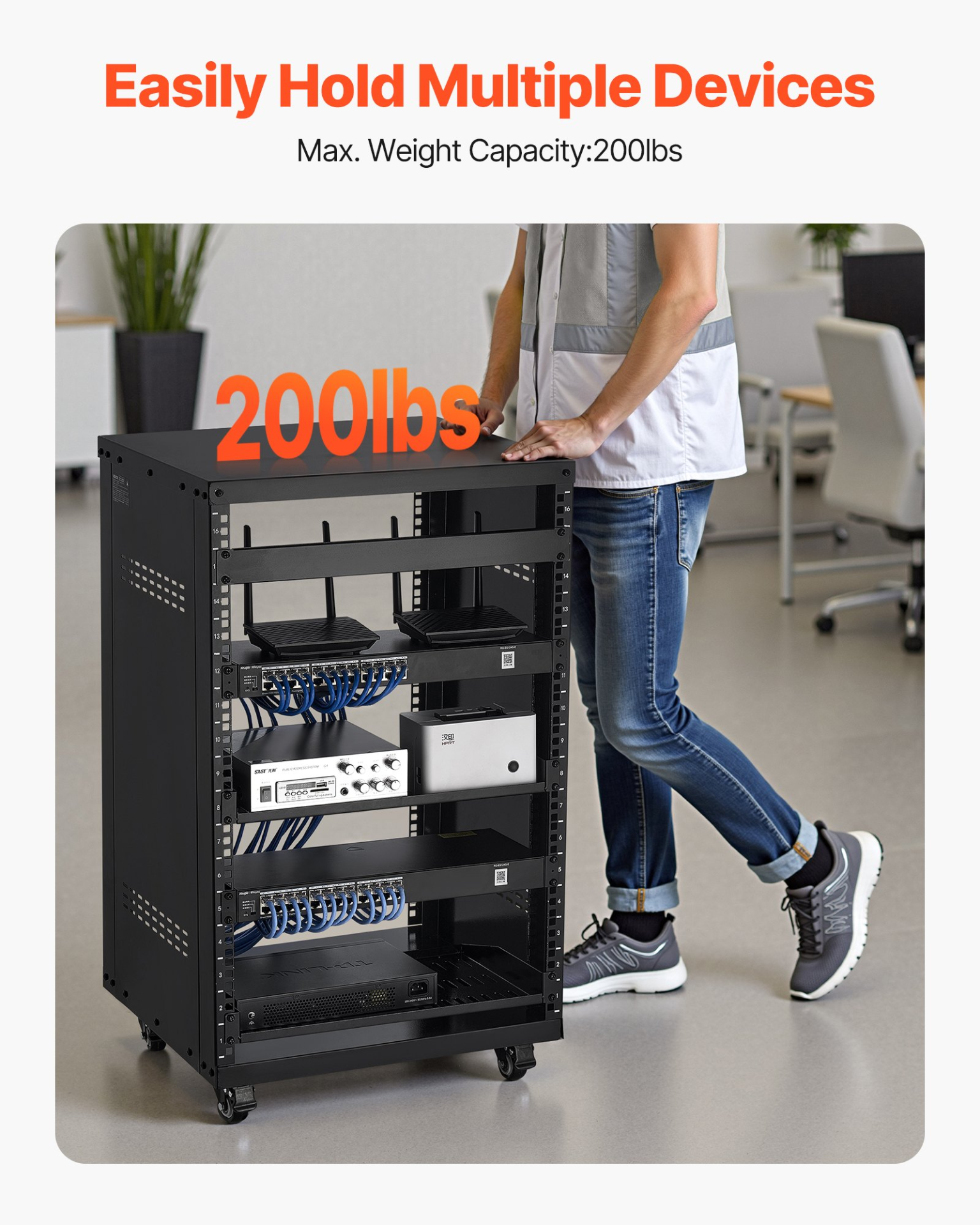 VEVOR 16U Server Rack Cabinet - 500LB Capacity,Locking Casters,Ventilated Design