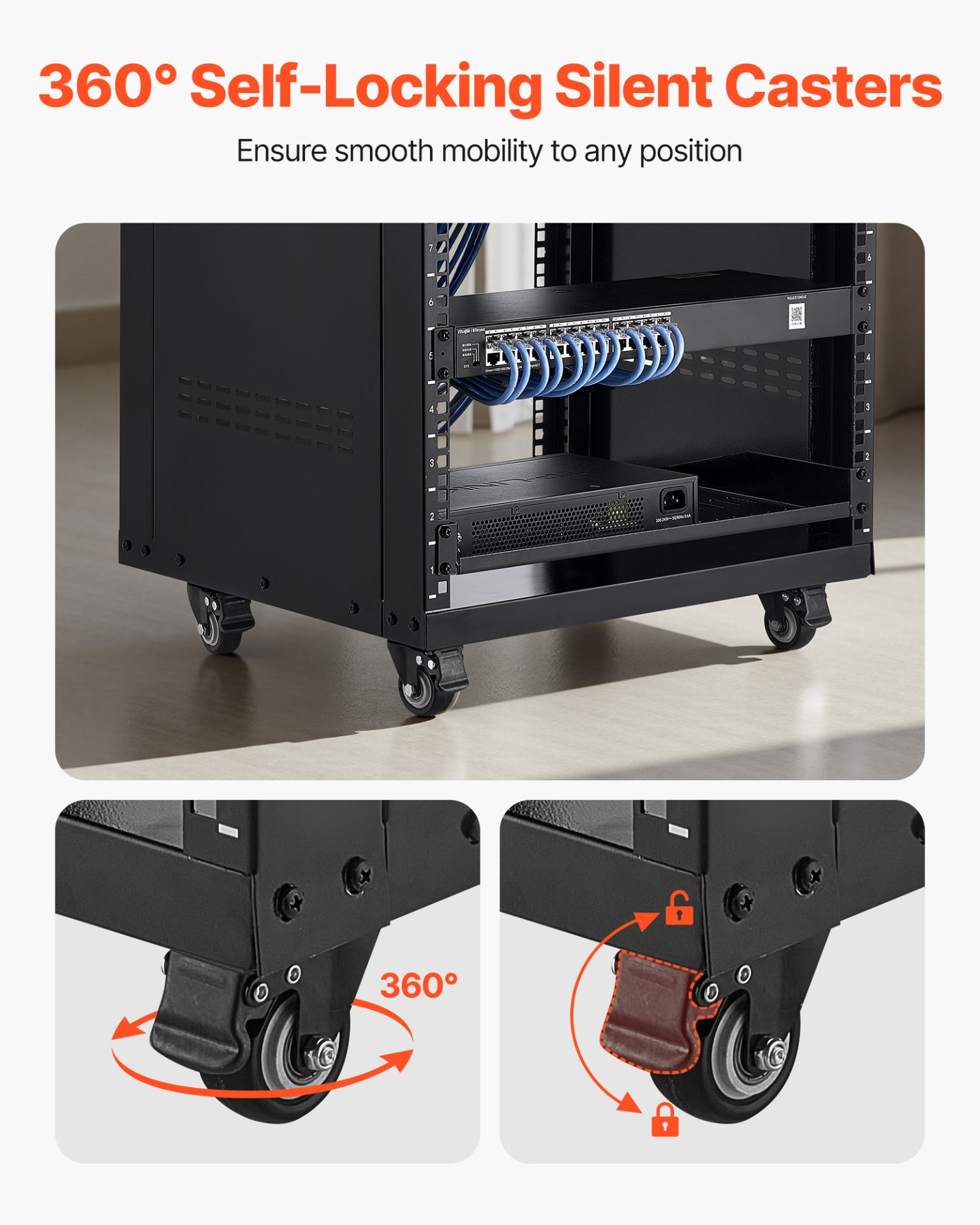 VEVOR 16U Server Rack Cabinet - 500LB Capacity,Locking Casters,Ventilated Design