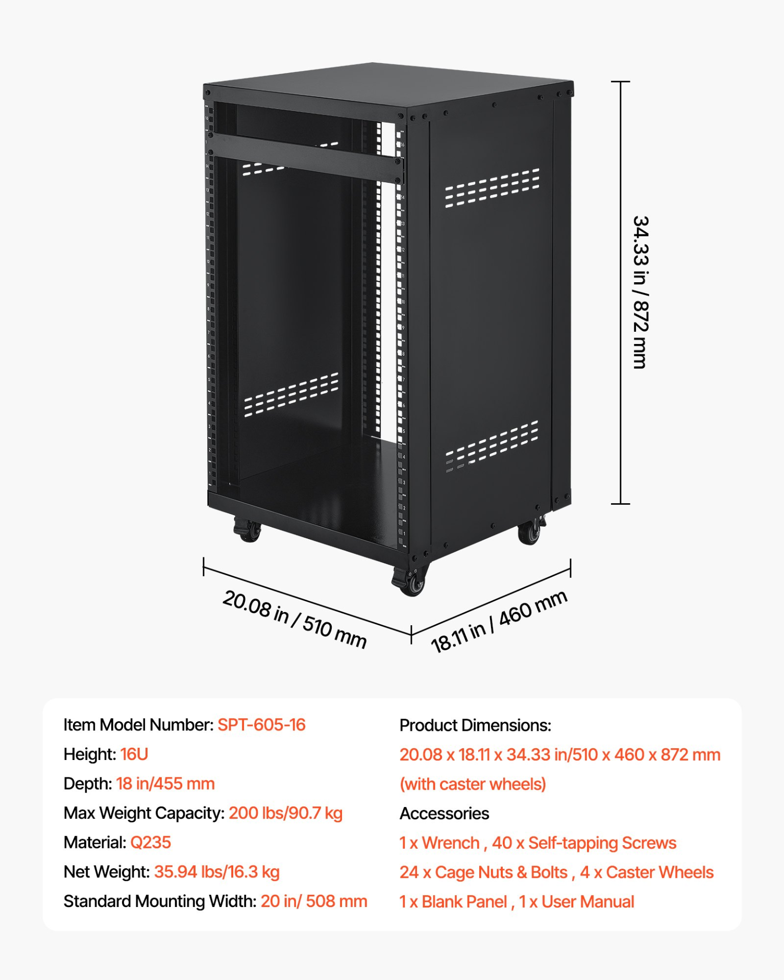 VEVOR 16U Server Rack Cabinet - 500LB Capacity,Locking Casters,Ventilated Design