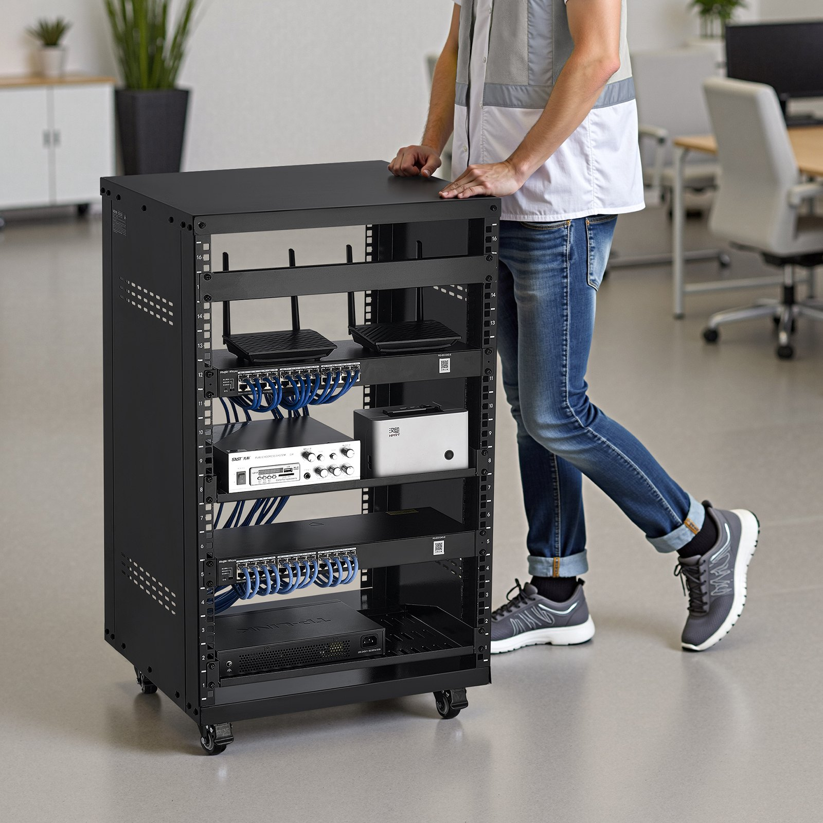 VEVOR 16U Server Rack Cabinet - 500LB Capacity,Locking Casters,Ventilated Design