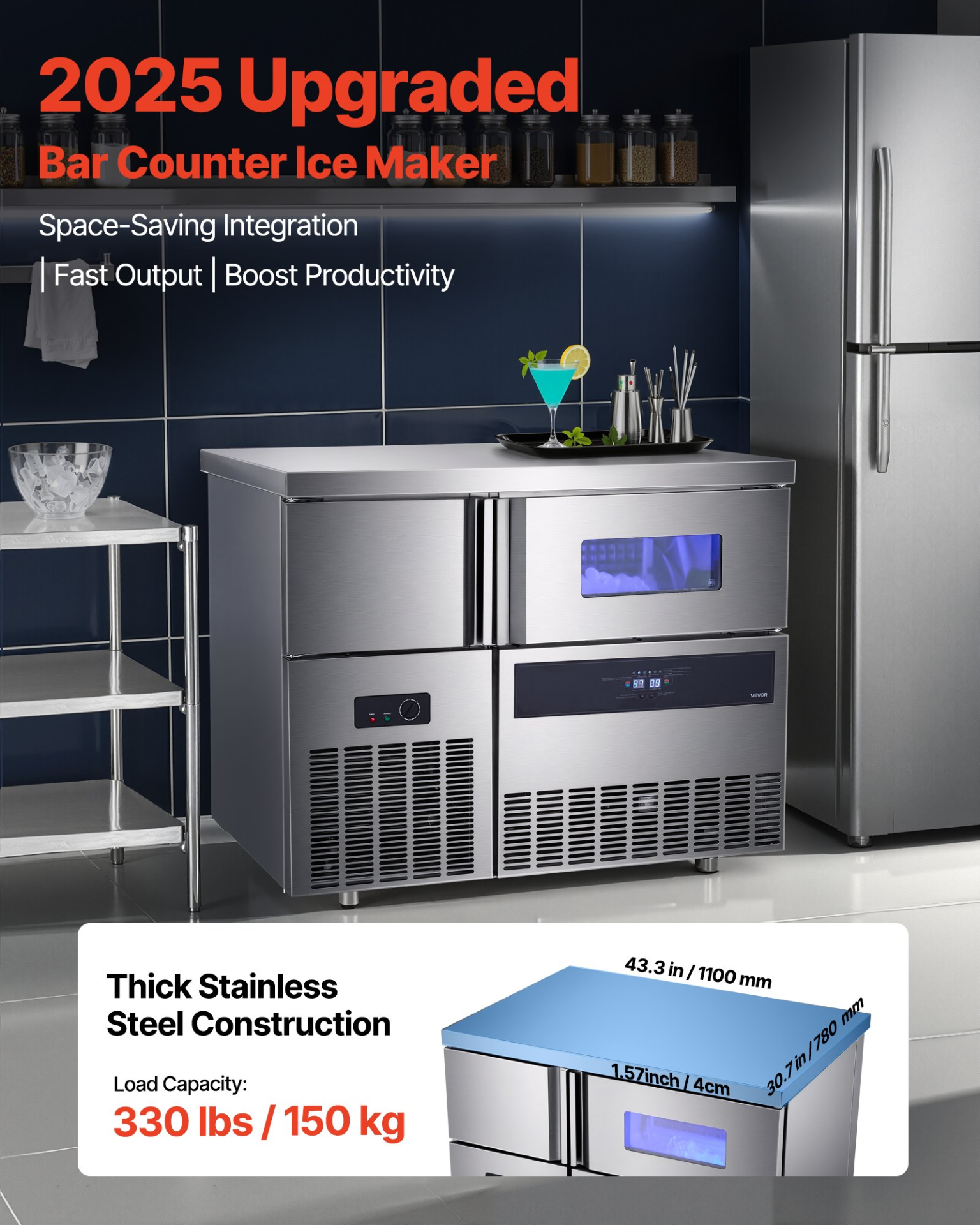 330lb/24H Commercial Ice Maker 88lb Bin 144 Cubes SS Worktop